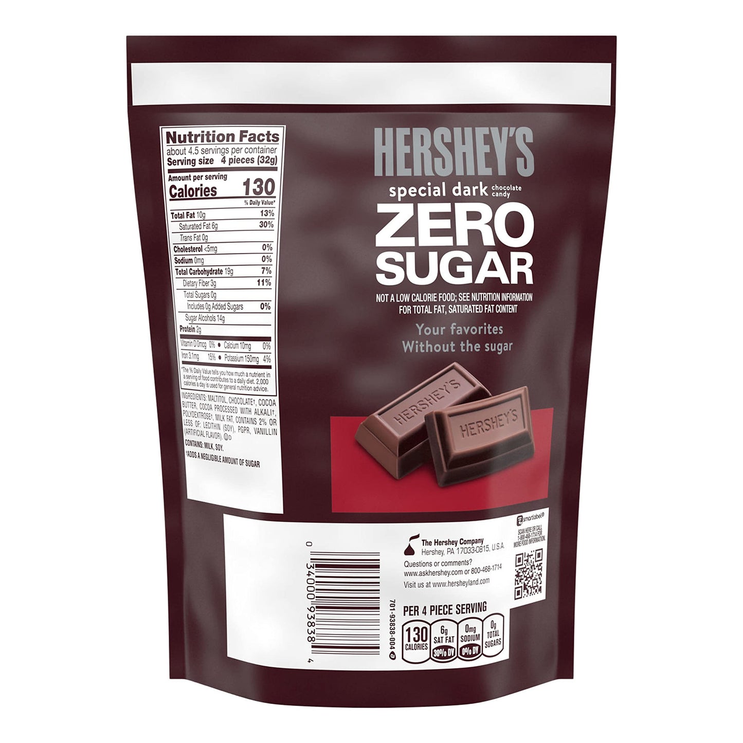 HERSHEY'S SPECIAL DARK Zero Sugar Chocolate Candy Bag, 5.1 oz