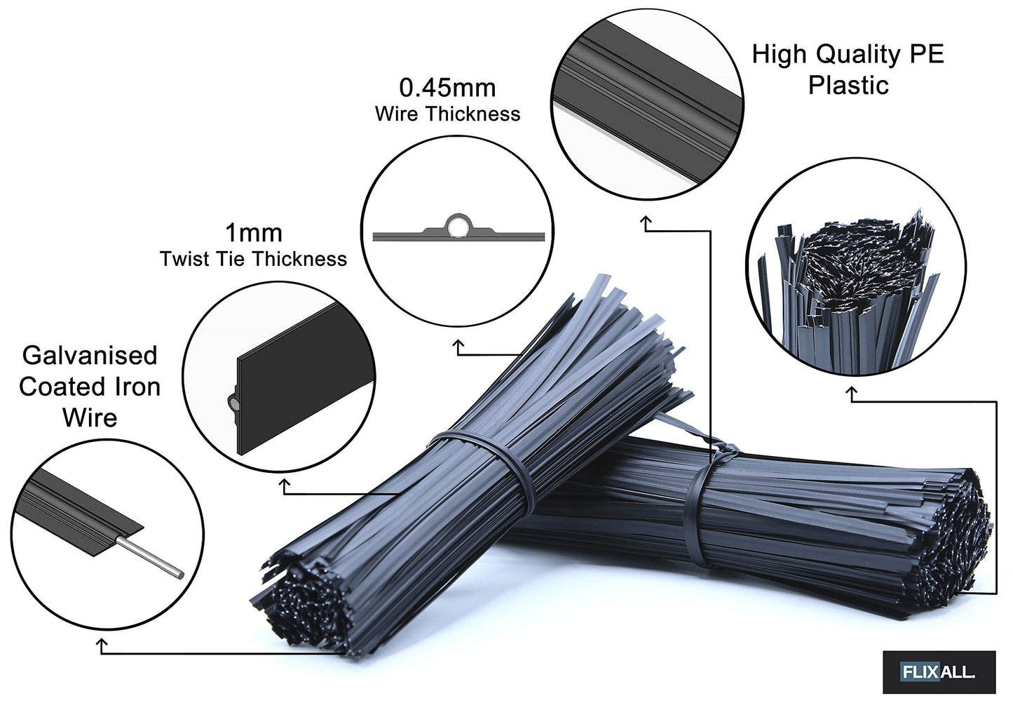 Flixall. 5 inches Twist Ties Pack of 250 - Premium Quality Reusable Black Plastic Coated Ties for Household and Office use