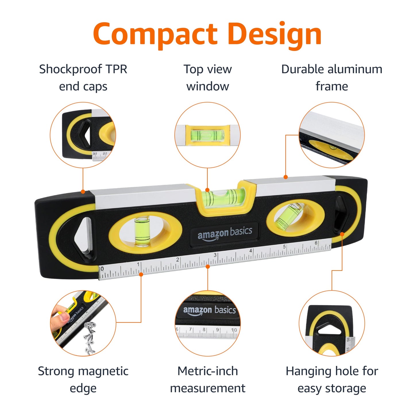 Amazon Basics 9-Inch Magnetic Torpedo Level and Ruler, 180/90/45 Degree Bubbles, Black