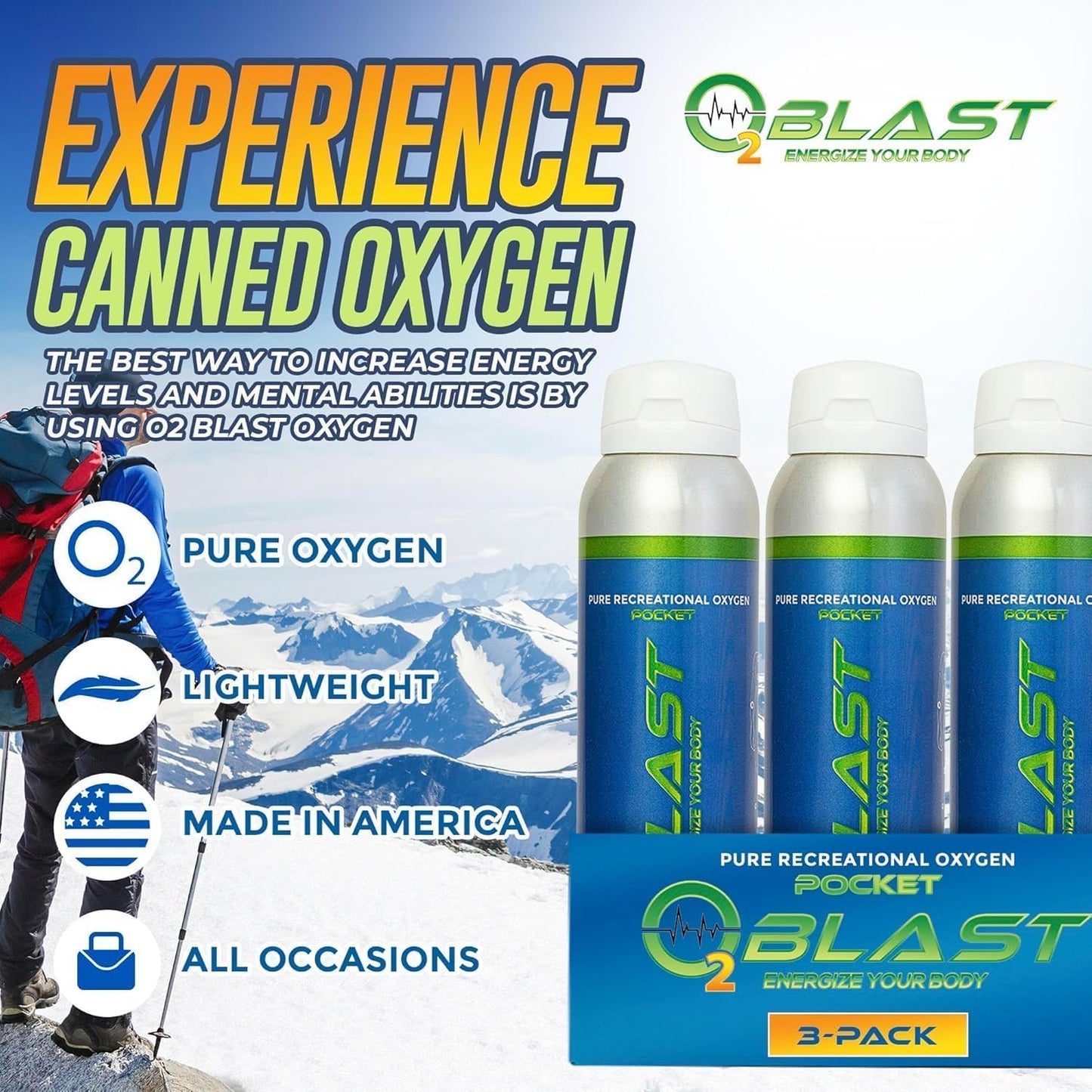 O2 Blast - Pure Oxygen Supplement - Filled with 99.99% Pure Oxygen to Support Fast Recovery, Increase Stamina & Enhance Focus for High Altitude and Action Sports, 4L Portable Can Flip-Top Cap, 3-Pack