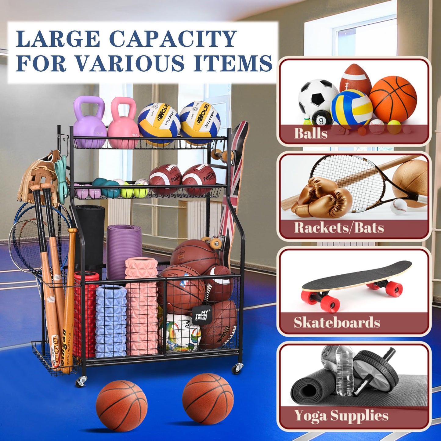 Mythinglogic Sports Equipment Garage Organizer,Garage Ball Storage for Sports Gear and Toys, Rolling Ball Cart with Wheels for Indoor/Outdoor Use