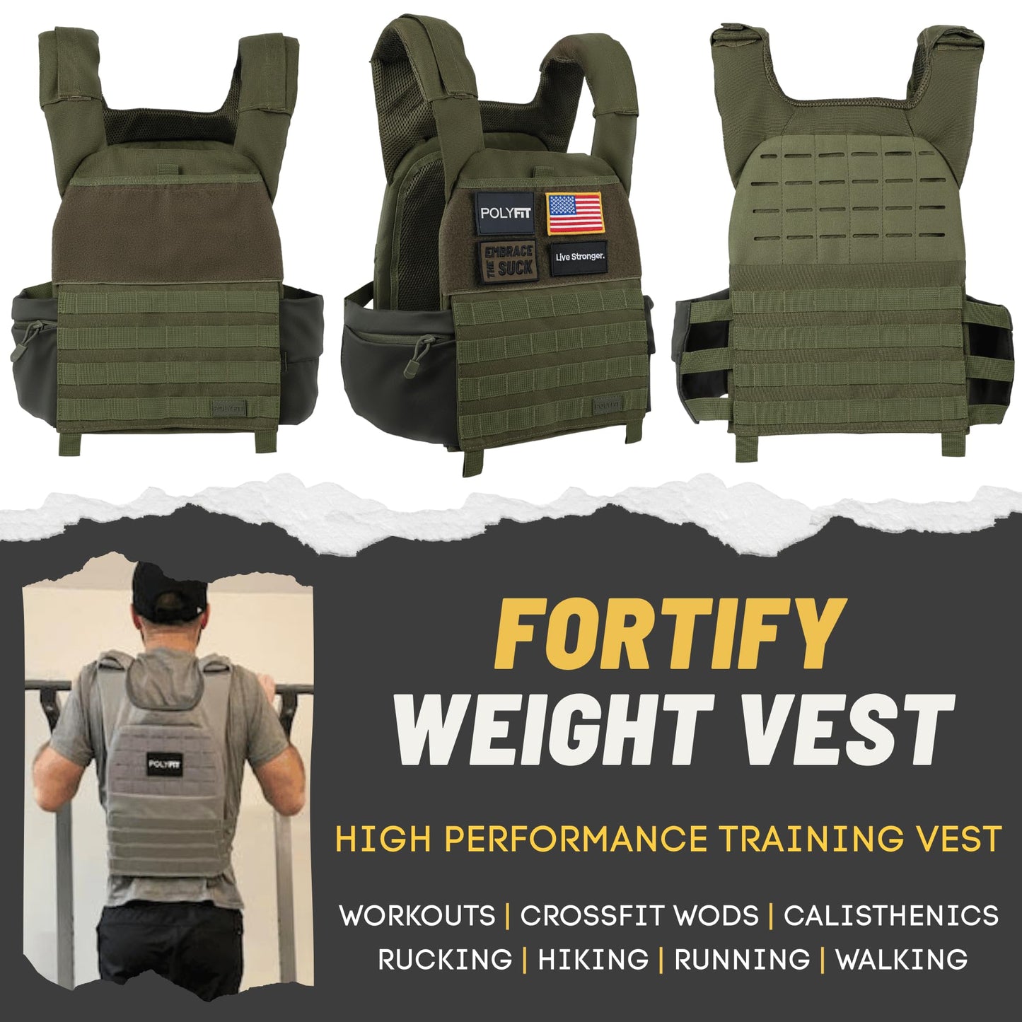 Polyfit (Fortify) Weighted Vest for Strength and Endurance Training, Fitness Workouts, Running, WODs - GREEN