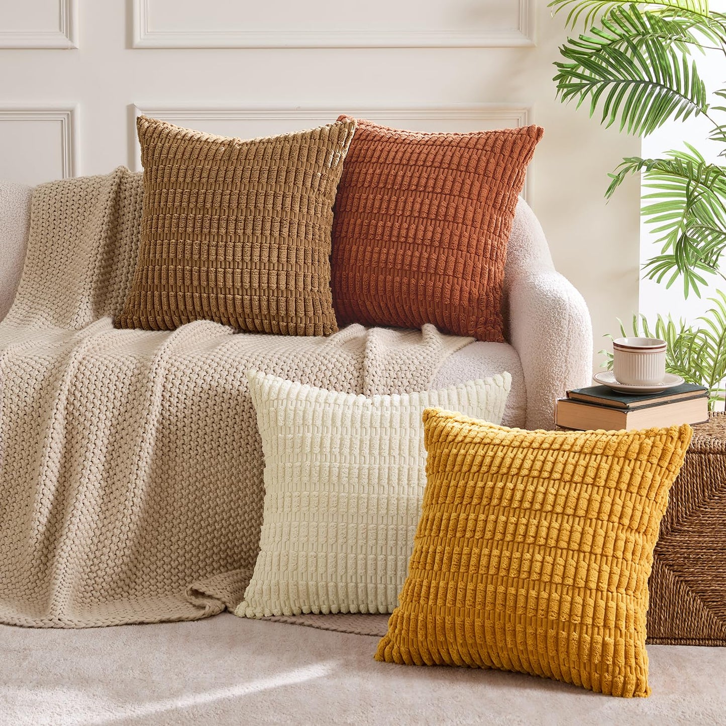MIULEE Fall Soft Corduroy Throw Pillow Covers Set of 4 Camel 20x20 Inch Modern Farmhouse Boho Decorative Accent Cushion Covers for Couch Sofa Bedroom