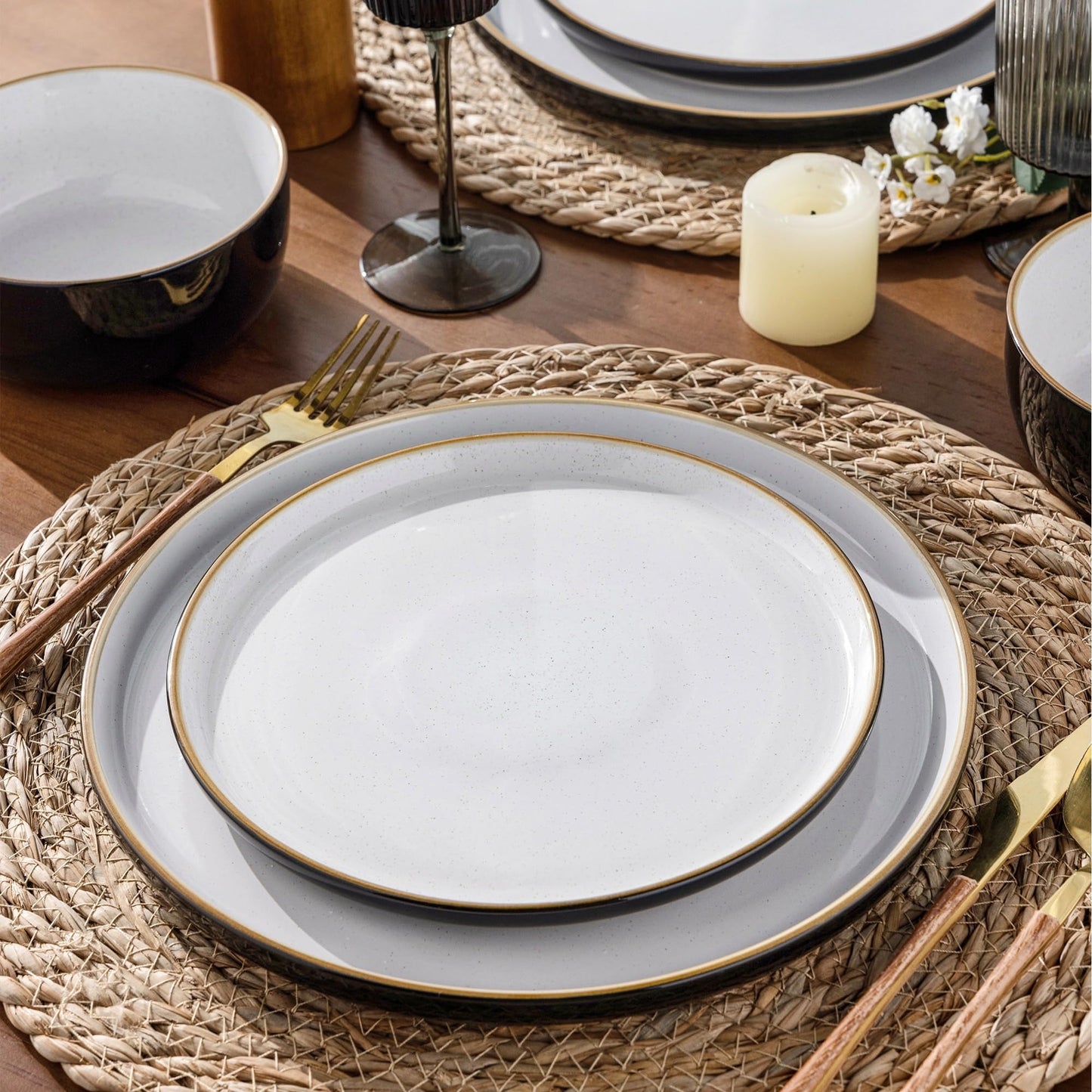 AmorArc Dinnerware Set - 12 Piece Ceramic Plates and Bowls, Stoneware Plates Handpainted, Dishwasher & Microwave Safe (Speckled Black & White, Service for 4)