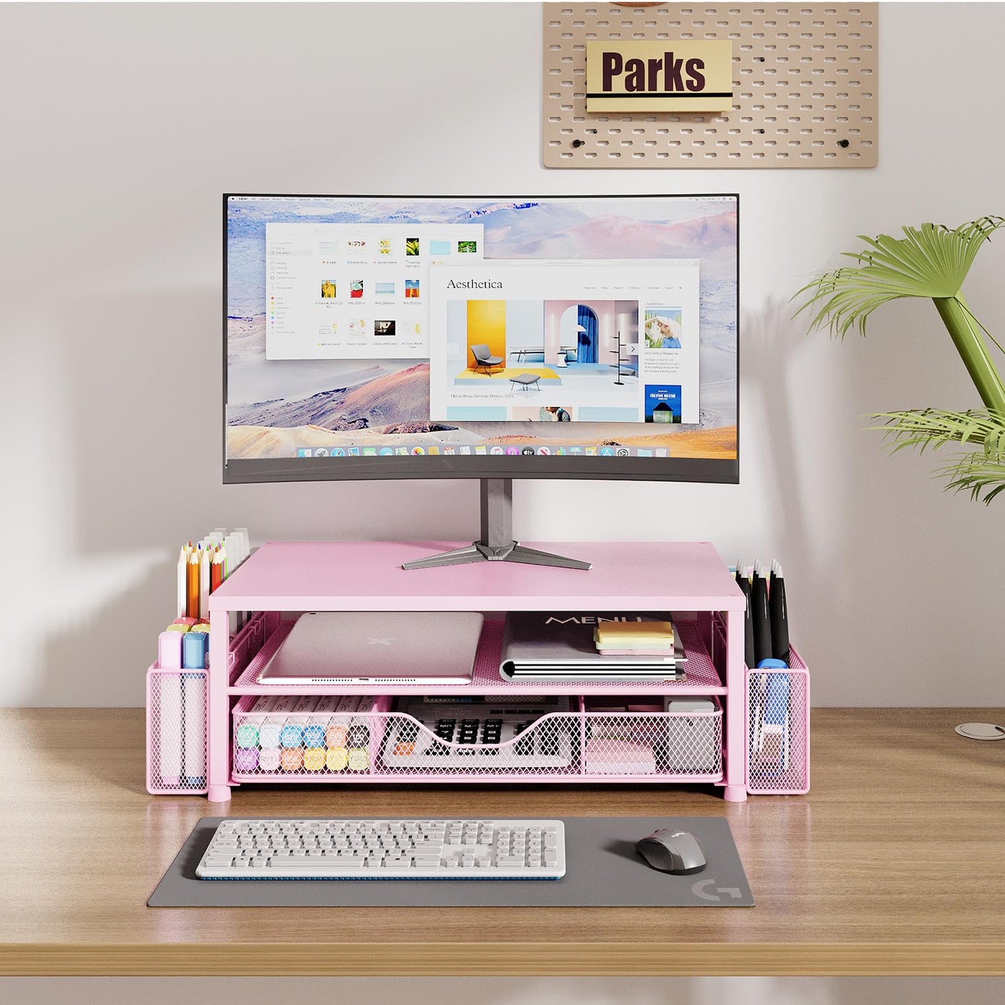 OPNICE Desk Organizers and Accessories, 2-Tier Computer Monitor Stand Riser with Drawer and 2 Pen Holders, Laptop Stand, Office Desk Accessories for Office Supplies, Pink