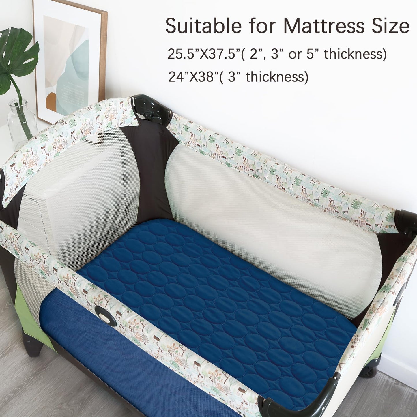 Pack and Play Sheets Fitted Quilted Waterproof Protector, 2 Pack Playard Mattress Pad Compatible with Graco Pack n Play, Mattress Cover fits for Baby Playpen Mattress, Mini Crib, Gray & Navy Blue