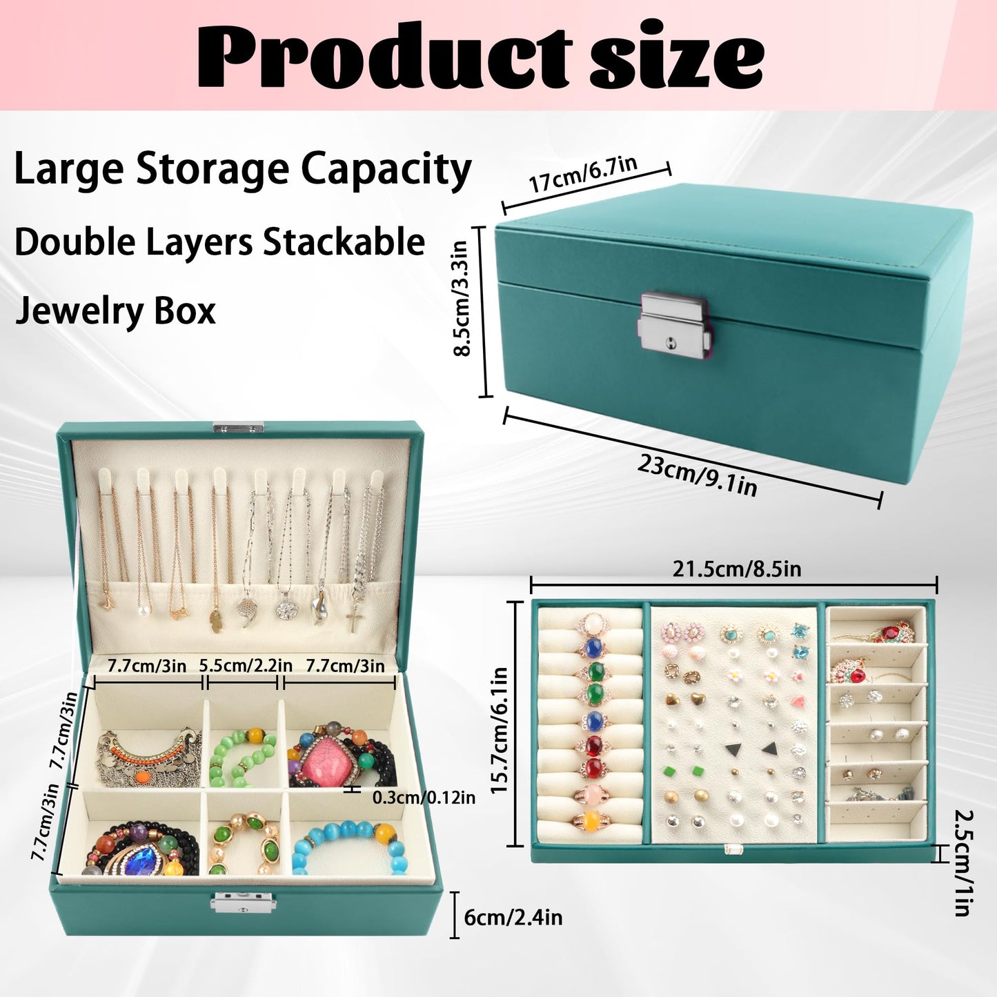 Homeanda Jewelry box 2 layer Jewelry box Leather Jewelry boxes for Women Girls Teens Jewelry organizer box Jewelry Storage box with lock(Green)
