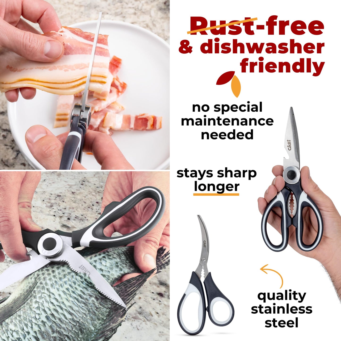 Kitchen Shears by Gidli - Liftime Replacement Warranty* - Includes Seafood Scissors As a Bonus - Heavy Duty Utility Stainless Steel All Purpose Ultra Sharp Scissors for Food/Cooking