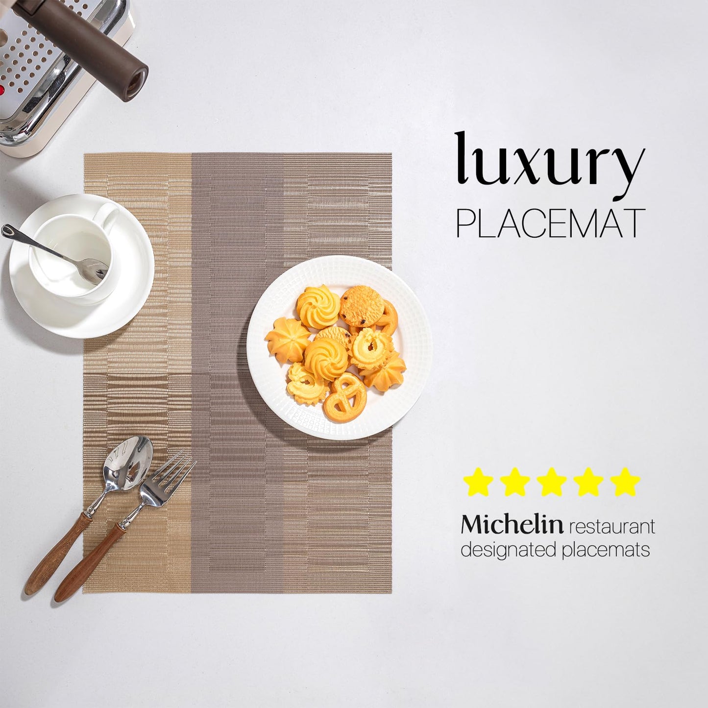 LEXMORE Placemats Set of 8 Vinyl/Plastic Woven Place Mats for Kitchen Table Indoor/Outdoor Washable Placemat Wipeable Dining Table Mats(Gold Dune)