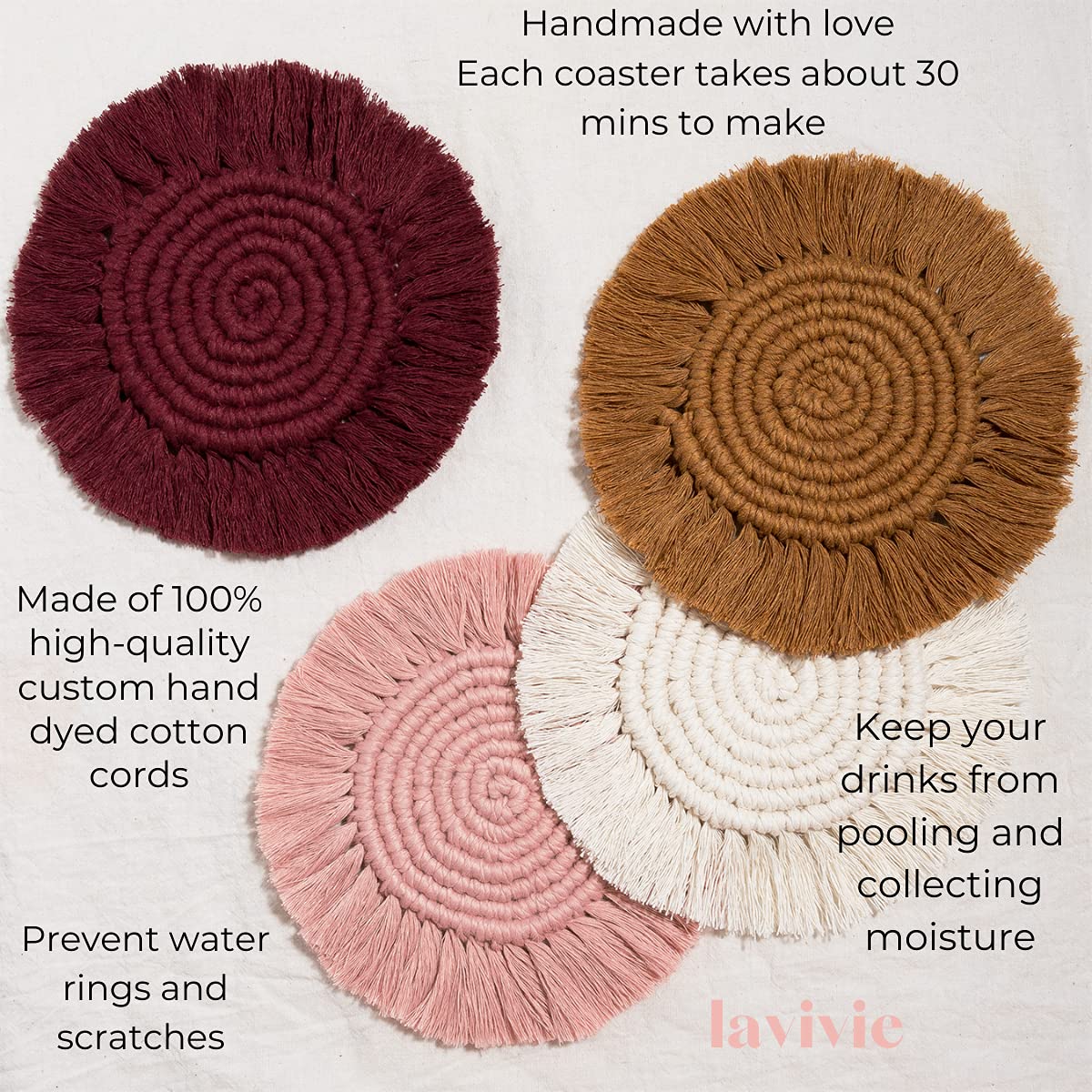 lavivie Cute Macrame Coasters Woven Boho Decor Handmade Absorbent Aesthetic, for Desk Office Table Kitchen Dining Room Cup Drinks Picnic Housewarming Home Rattan Wicker Bamboo (Dusty Pink (Set of 2))