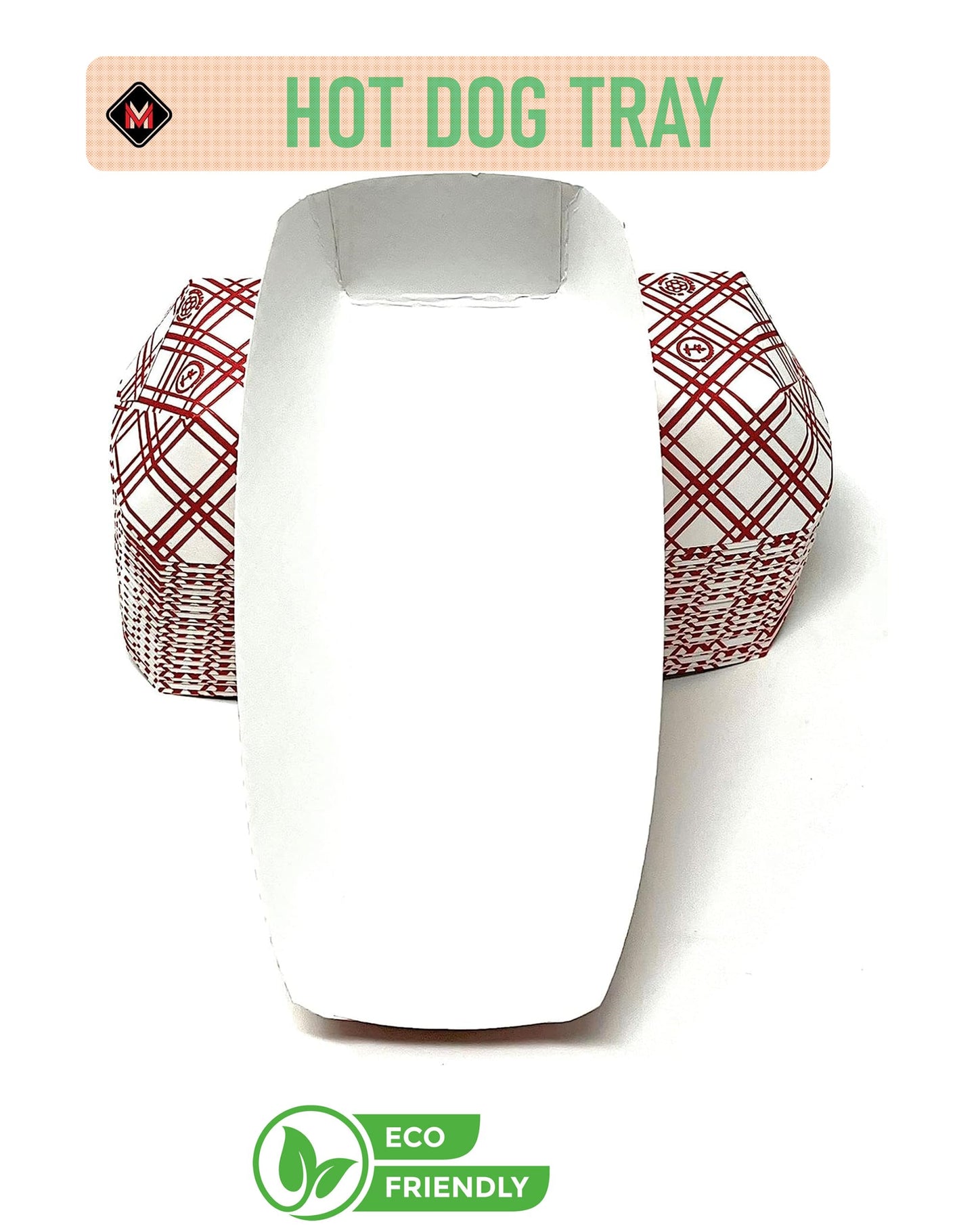 Mr Miracle 7 Inch Paper Hot Dog Tray in Red White Pattern. Pack of 100. Disposable, Recyclable and Fully Biodegradable. Made in USA