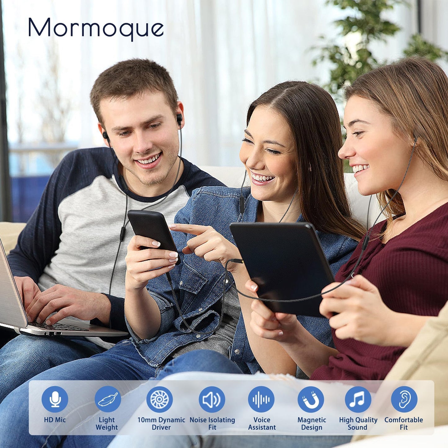 MORMOQUE EP-06 Wired Earbuds in-Ear Earphones,Build-in Microphone Noise Isolating Headphones,3.5mm Jack 4.9ft Long Cord Ear Buds,HD Bass Audio,with 6 Ear Tips,for Smartphones/Laptop/Computer Etc-Black