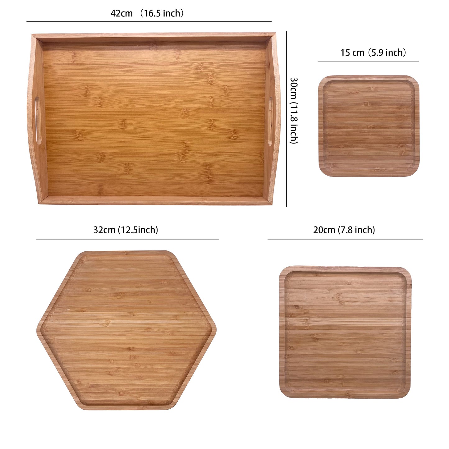 PAFREWOG Bamboo Serving Trays Charcuterie Platter 16.5"x11.8"(42x30cm with Handle, Set Includes 1xHexagon 12.5"(32cm)+1xSquare 7.8"(20cm)+1xSquare 5.9"(15cm) Small Plates for Family Dinner