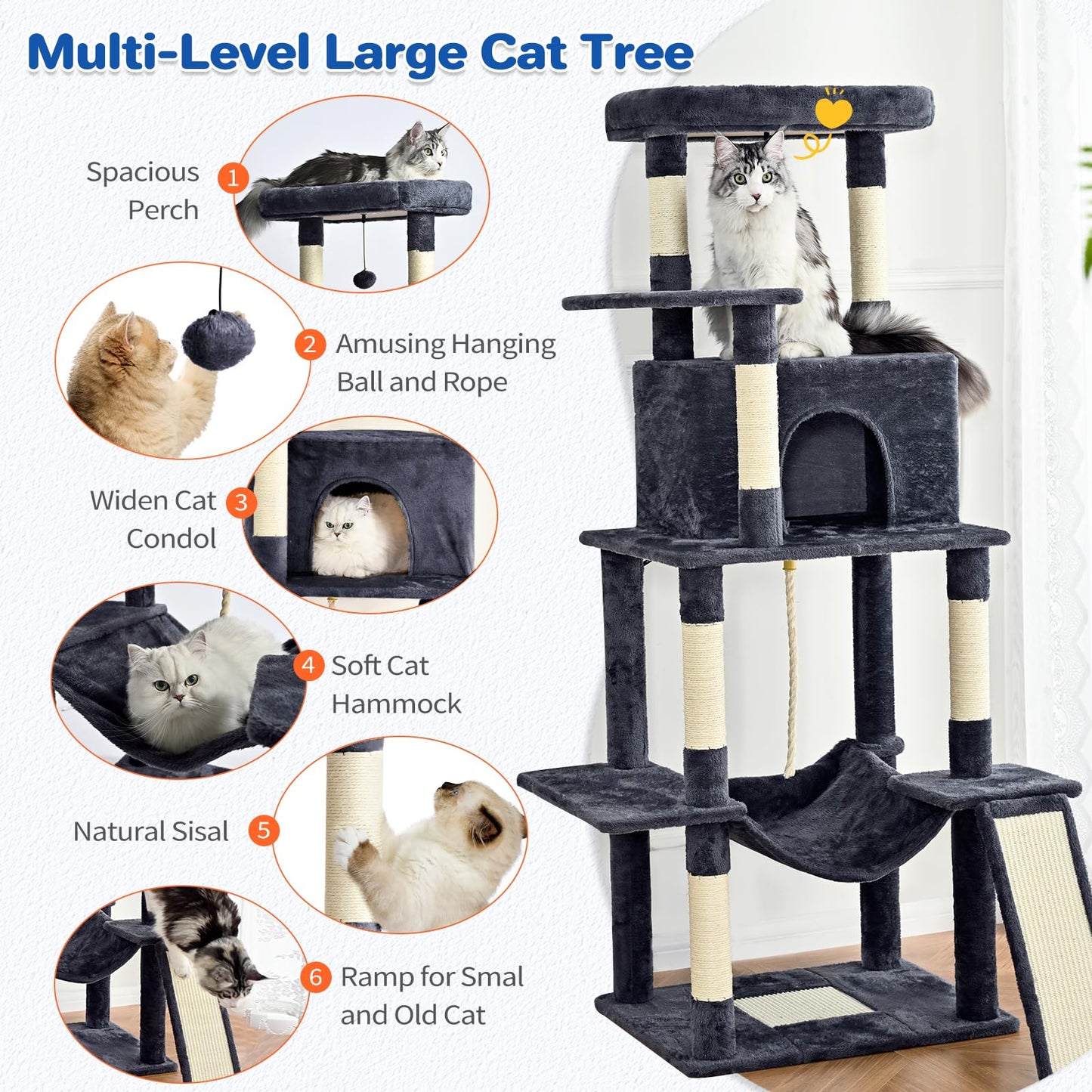 ABCPET Cat Tree Tower 63in Multi-Level Cat Tower for Indoor Cats with Sisal Scratching Posts, Condo, Hammock, Dangling Ball and Extended Platform for Cats to Play, Dark Grey