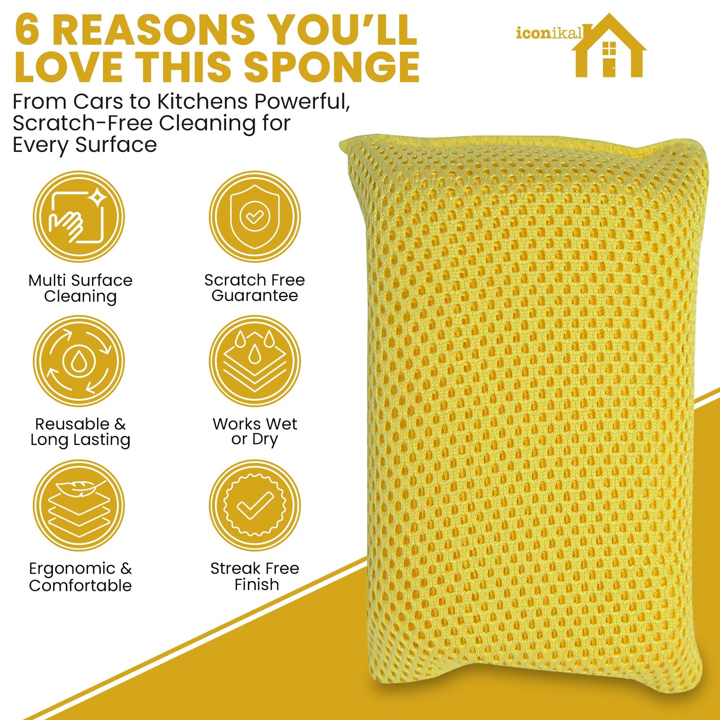 Iconikal 6-Pack Bug Scrubber Sponge 5.9x3.5-Inch Yellow Microfiber Large Car Wash Reusable for Paint Chrome Glass RV Motorcycle Cleaning