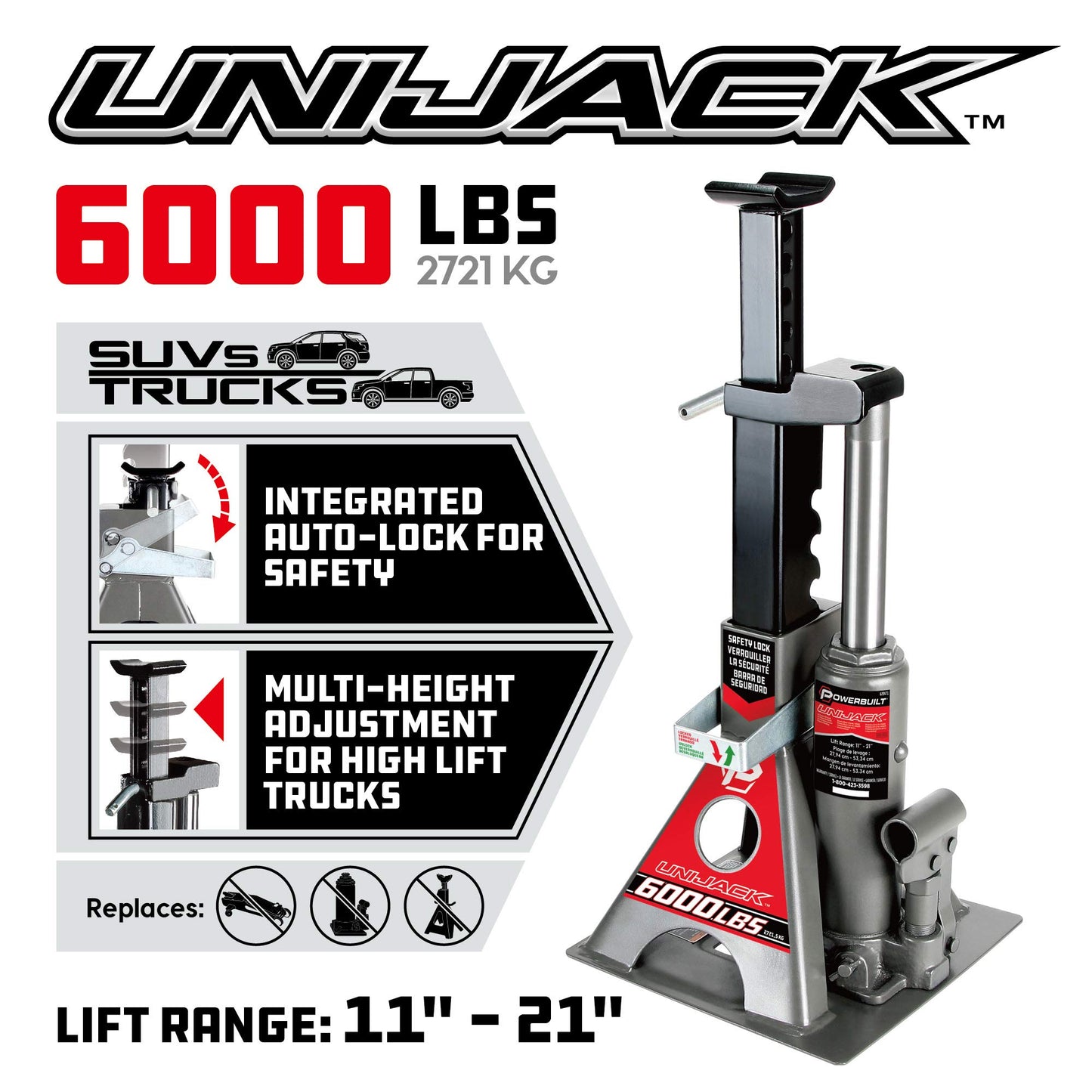 Powerbuilt 3 Ton, Bottle Jack and Jack Stands in One, 6000 Pound Capacity, All-in-One Car Lift, Heavy Duty Vehicle Unijack, Wide Base, 620471