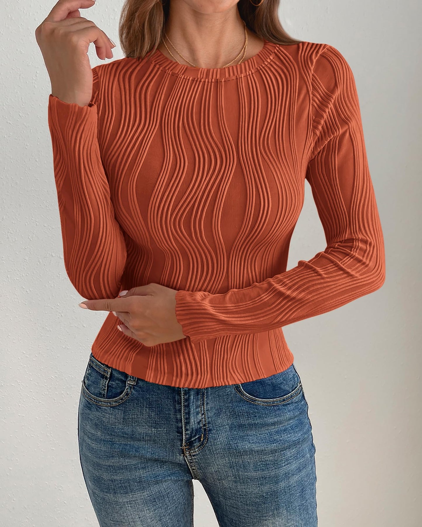 PRETTYGARDEN Women's Tops 2025 Fall Fashion Long Sleeve Crewneck Blouse Slim Fit Textured Basic Knit T Shirt Y2k Clothes(Brick Red,Medium)