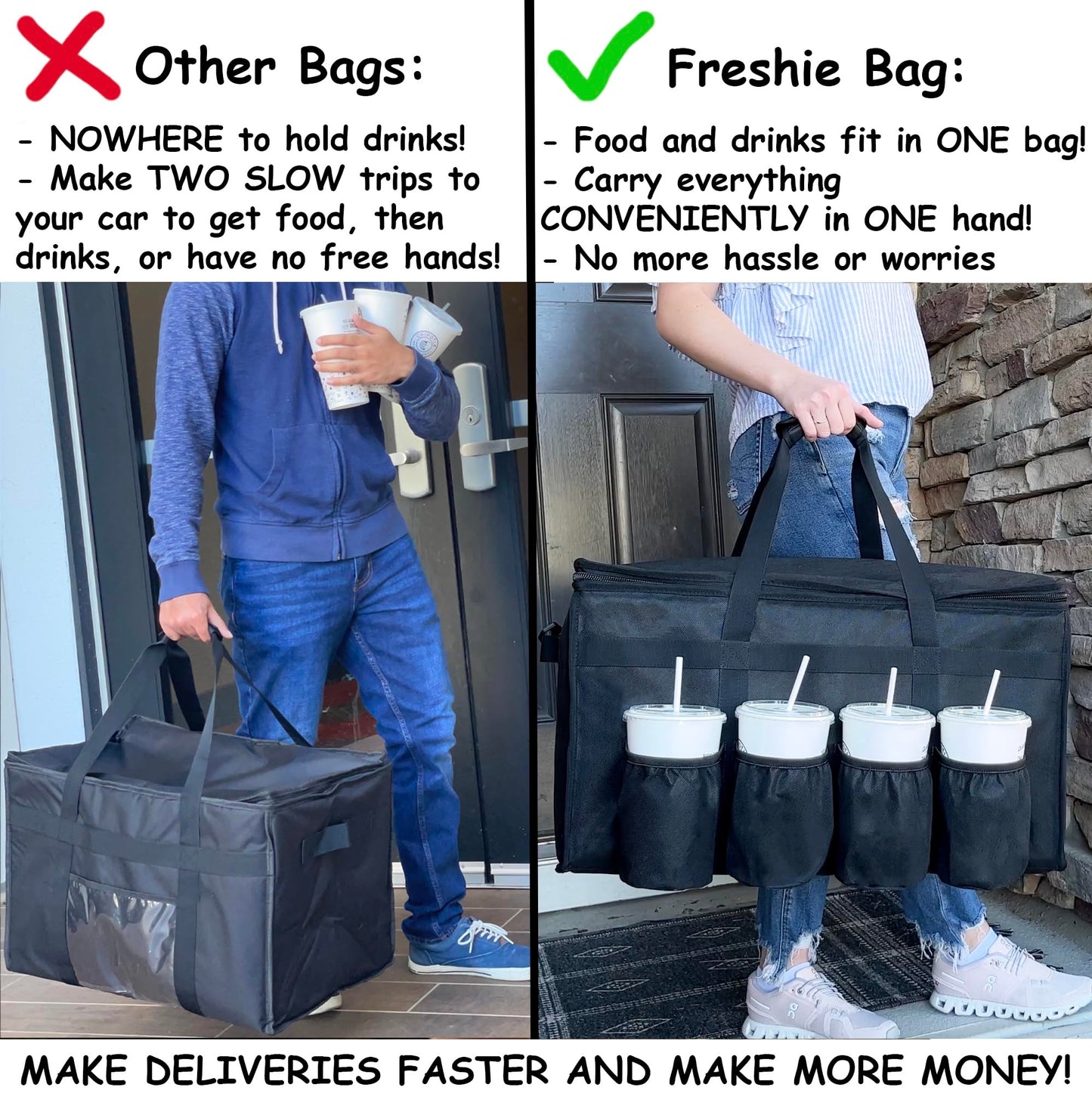 FRESHIE Insulated Food Delivery Bag with Cup Holders/Drink Carriers Premium, for Doordash, Uber Eats, Grubhub, Pizza Bag, Catering, Beverage, Commercial Quality (XL Pro)