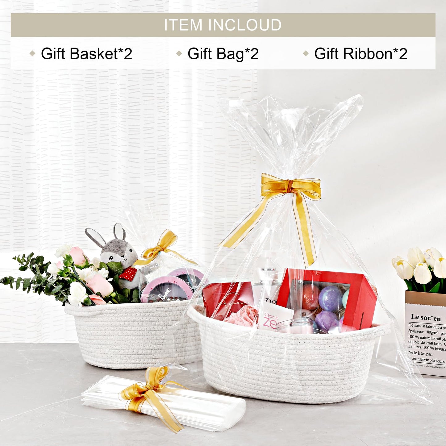 2 Pack Small Woven Basket with Gift Bags and Ribbons, Empty Decorative Gift Chest Box, Cute Baby Gift Basket for Nursery, Cotton Rope Room Shelf Storage Basket with Handles, All 12"x 8"x 5",White