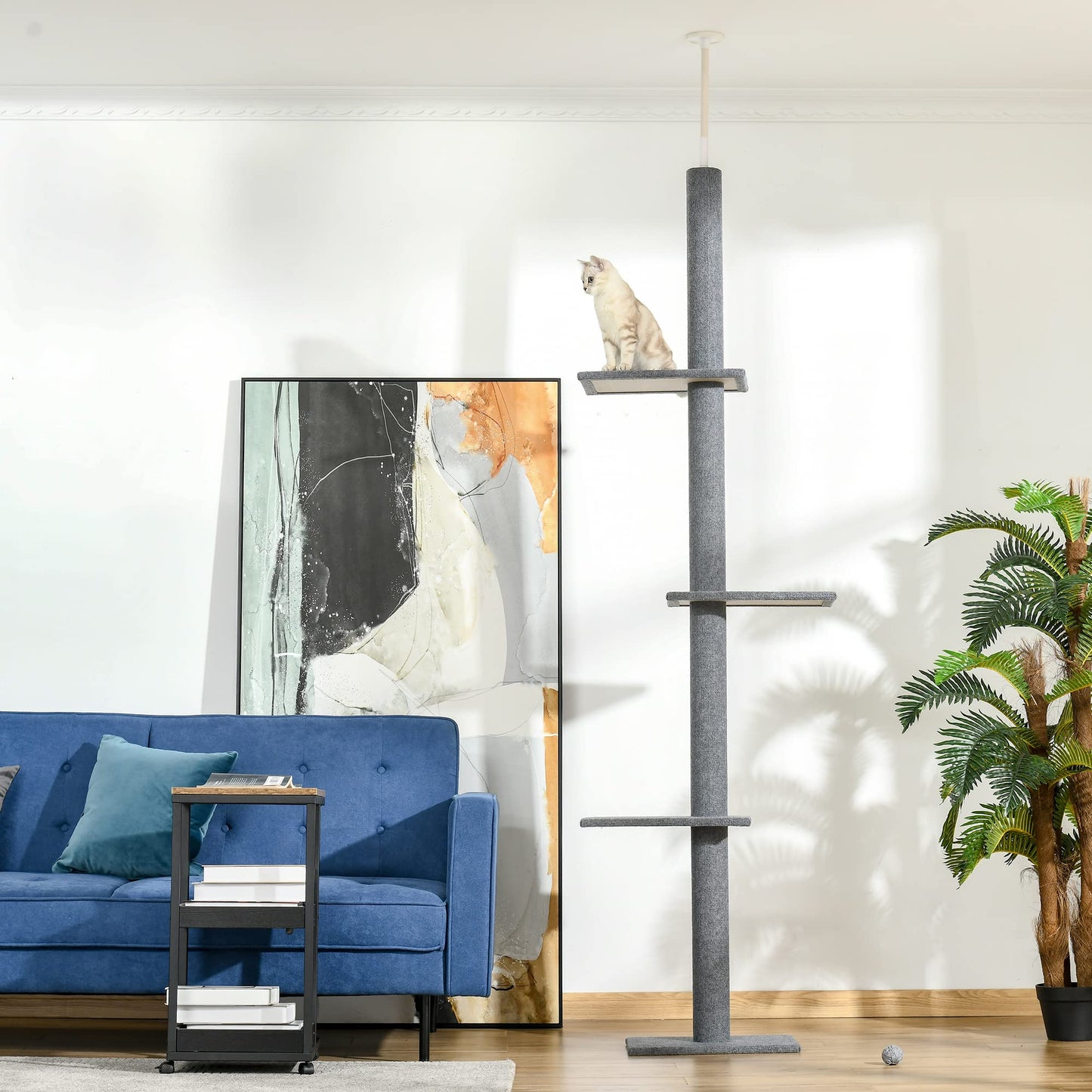 PawHut Floor-to-Ceiling Cat Tree Cat Climbing Tower with Sisal-Covered Scratching Posts Natural Cat Tree Activity Center for Kittens Cat Tower Furniture, Grey