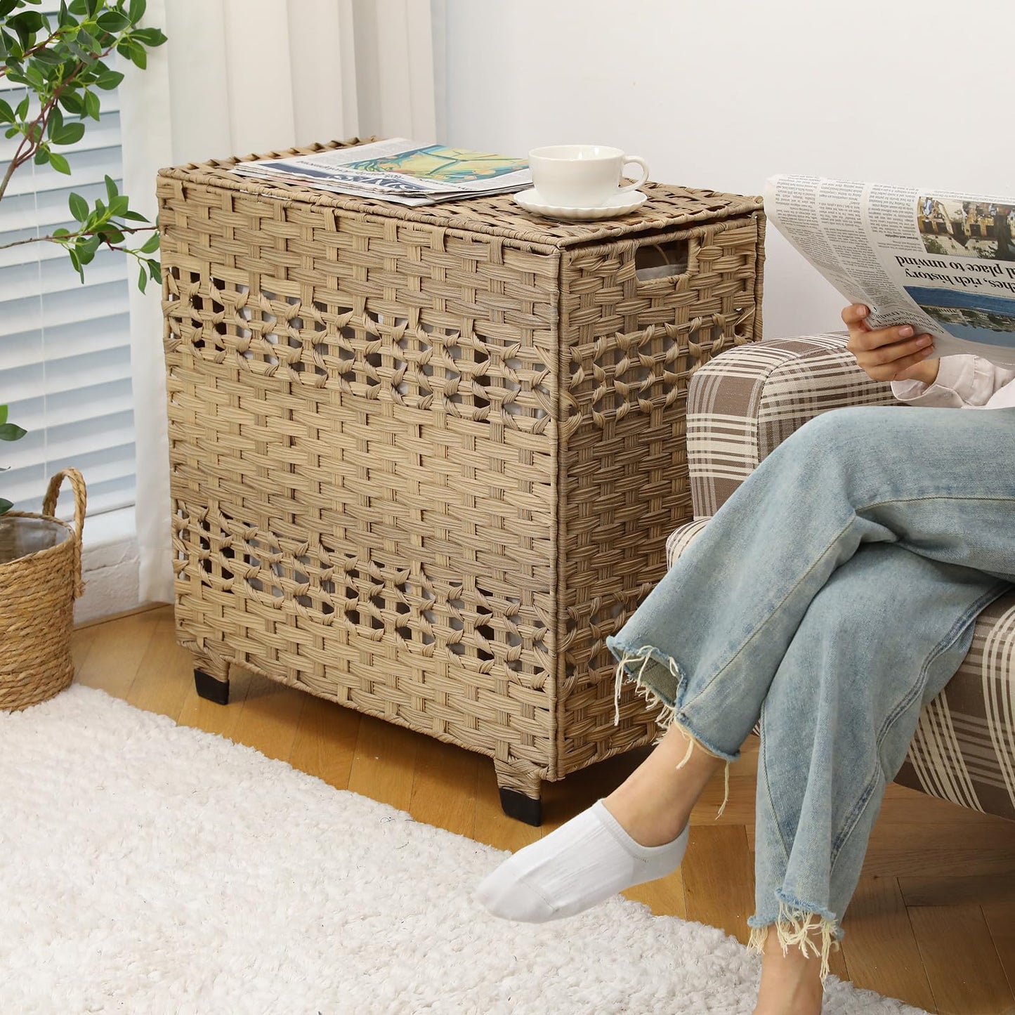 OIAHOMY Laundry Hamper with Lid, 140L Clothes Hamper with 3 Removable Liner Bags, Foldable Basket with Lid, Synthetic Wicker Laundry Basket for Bedroom, 27x 13 x 26 Inches, Yellow