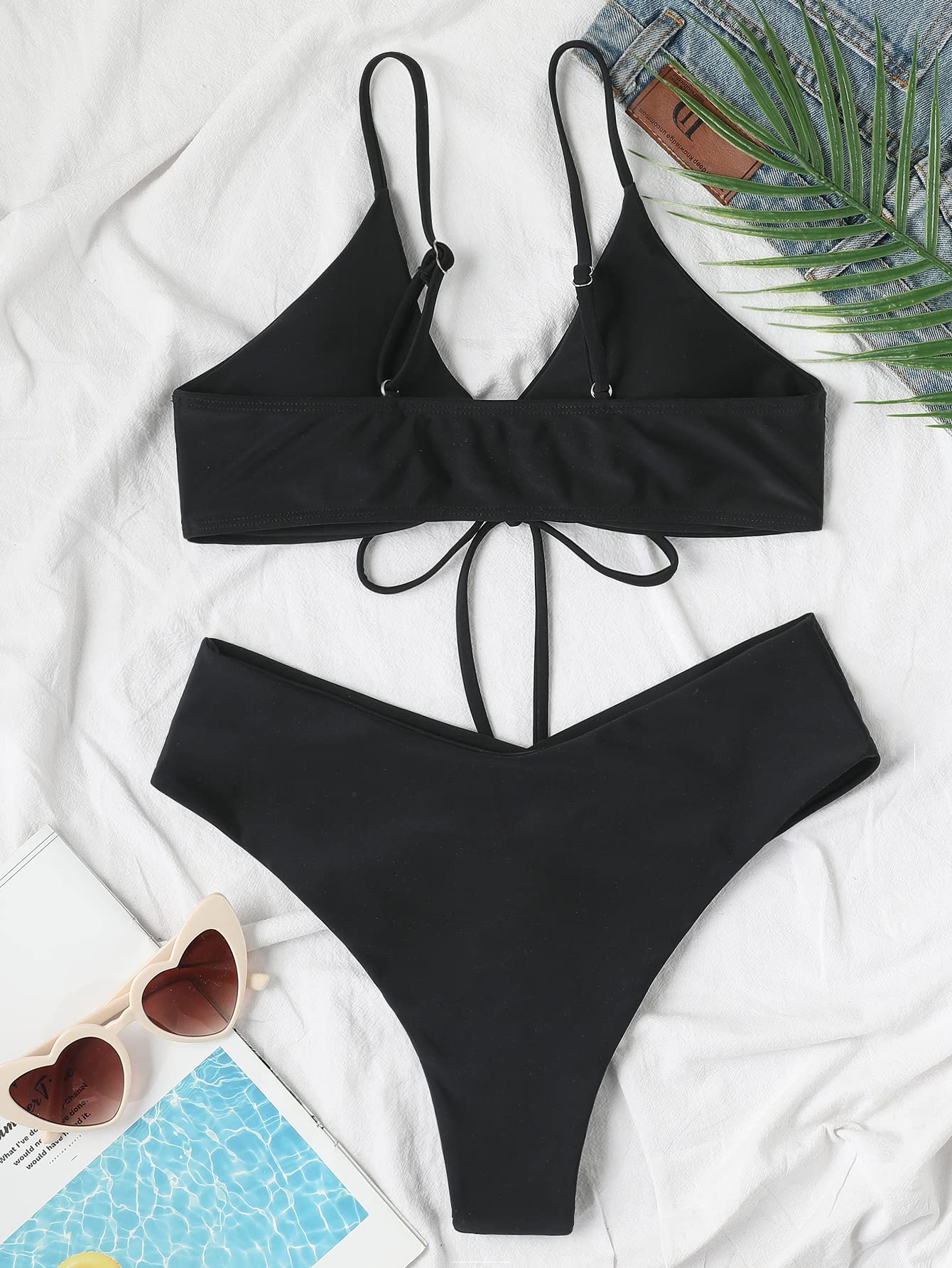 Meetall Black High Cut Triangle Bikini Set Swimsuits for Women Sexy Cheeky String Brazilian Bathing Suits Two Piece Size M