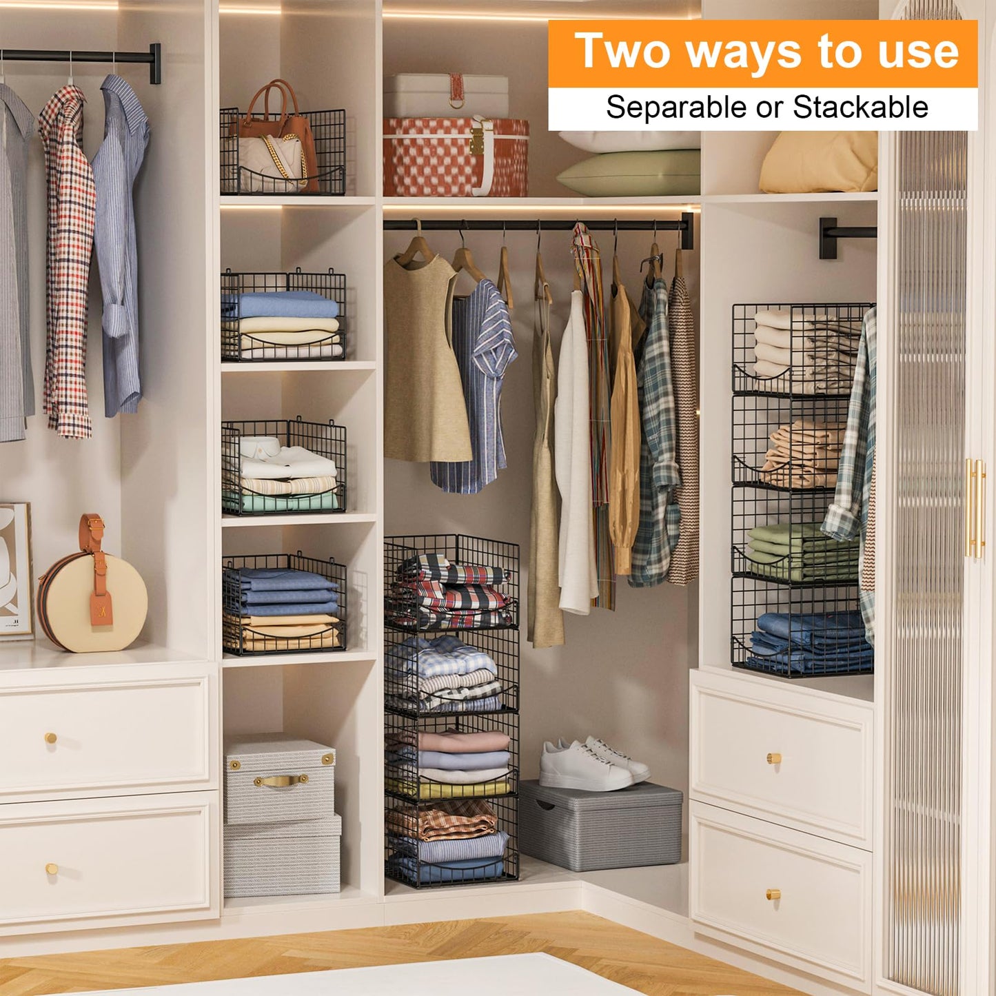 Hongtamoya 4-Tier Stackable Closet Organizers and Storage Shelves, Clothes Storage Basket, Clothes Shelf Organizer Sweater Organizer Bins Container for Wardrobe Kitchen Bathroom Office, Black