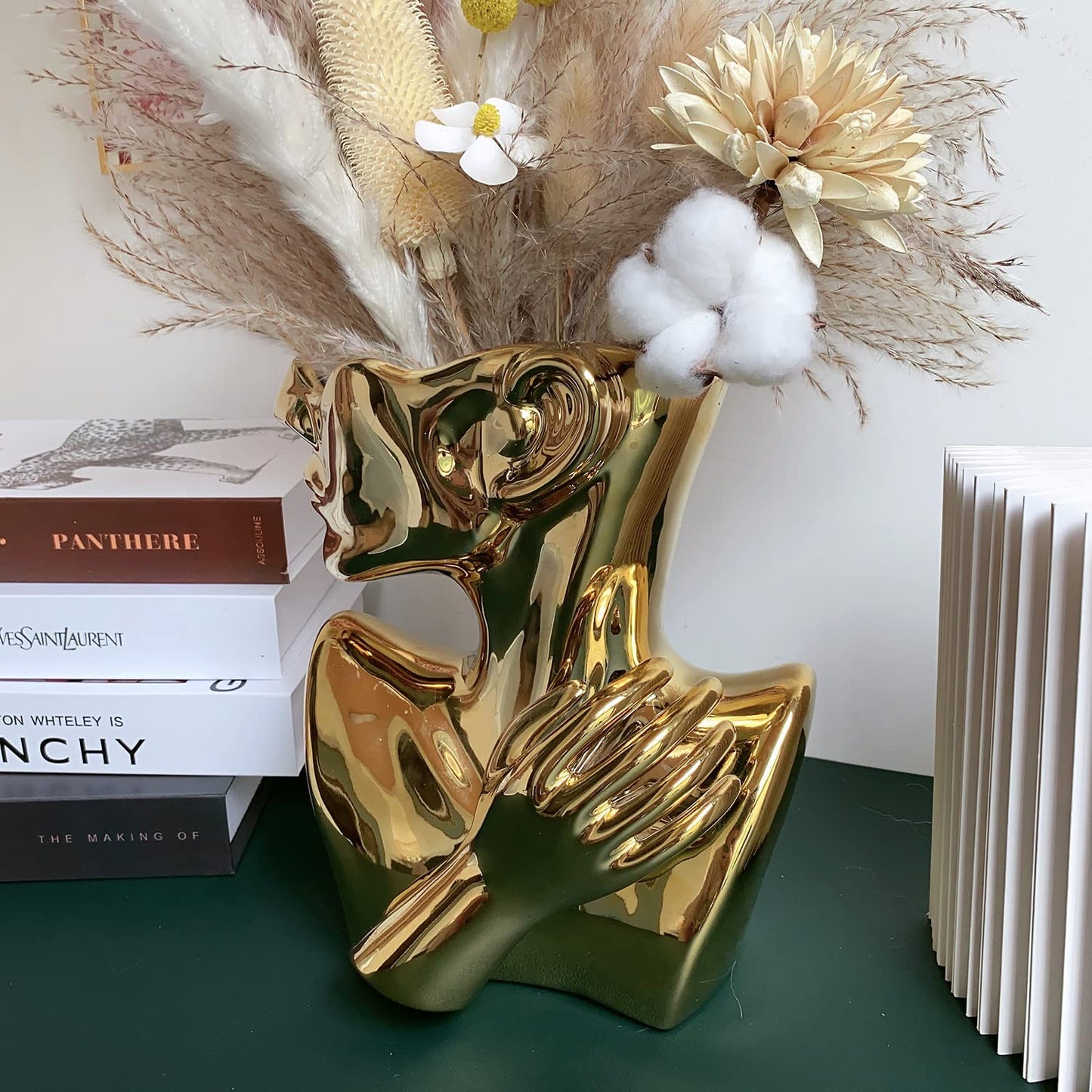 FUNSOBA Ceramics Statue Flower Vase Face Pots Bust Head Shaped for Birthday Gifts Home Office Decoration (Gold)