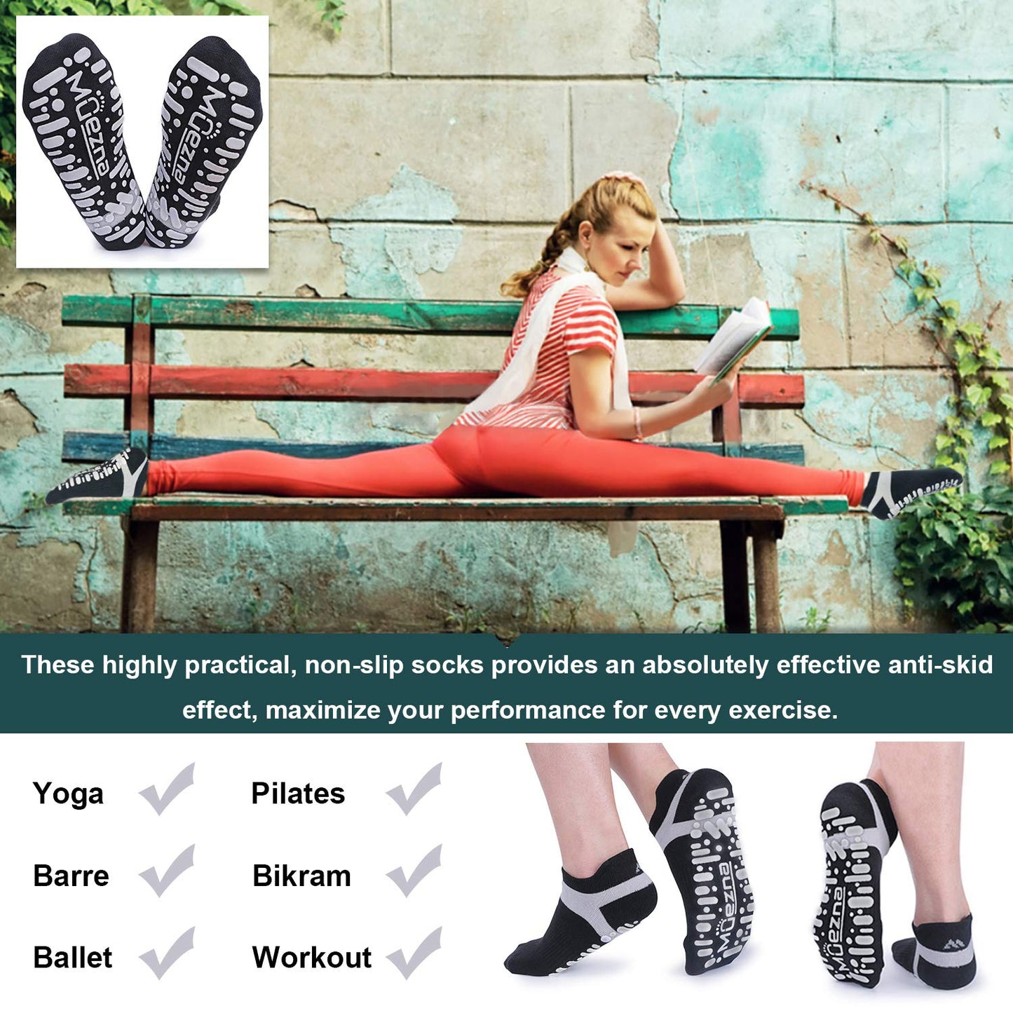 Muezna Non Slip Yoga Socks for Women, Anti-Skid Pilates, Barre, Hospital Socks with Grips, Size 5-10