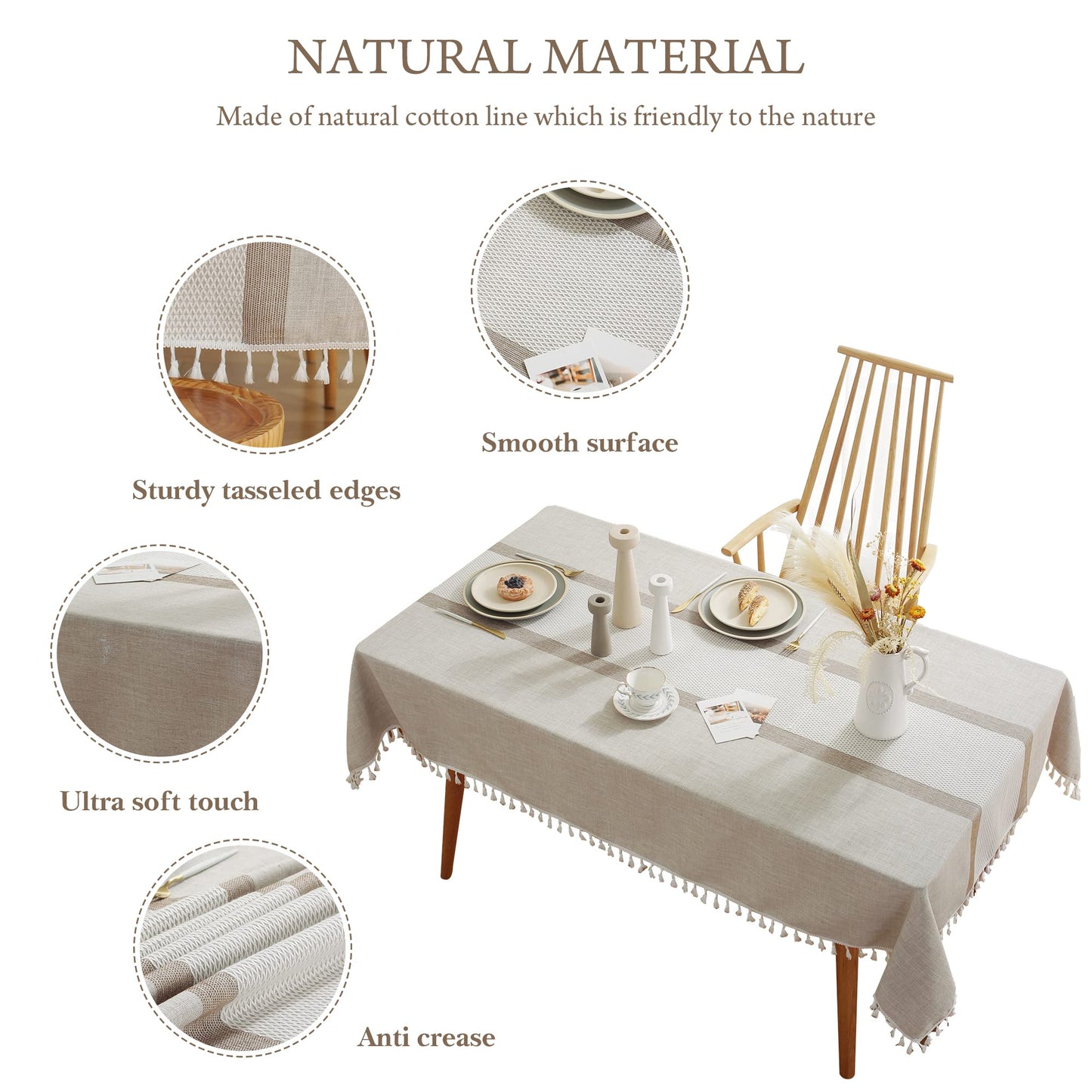 Pahajim Camping Tablecloth Kitchen Table Cloth Rectangle Table Cover for Farmhouse Tablecloths with Tassels Christmas (Double Stripe Coffee, Square,55 x 55 Inch,4 Seats)