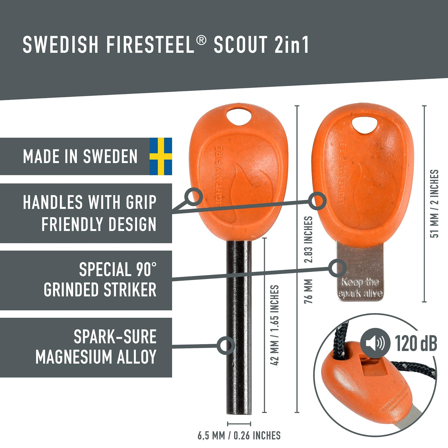 Light My Fire Fire Steel Scout - Magnesium Fire Starter Kit, 3000 Strikes, Waterproof, Bushcraft Gear, Emergency Survival Tool with Whistle & Cord