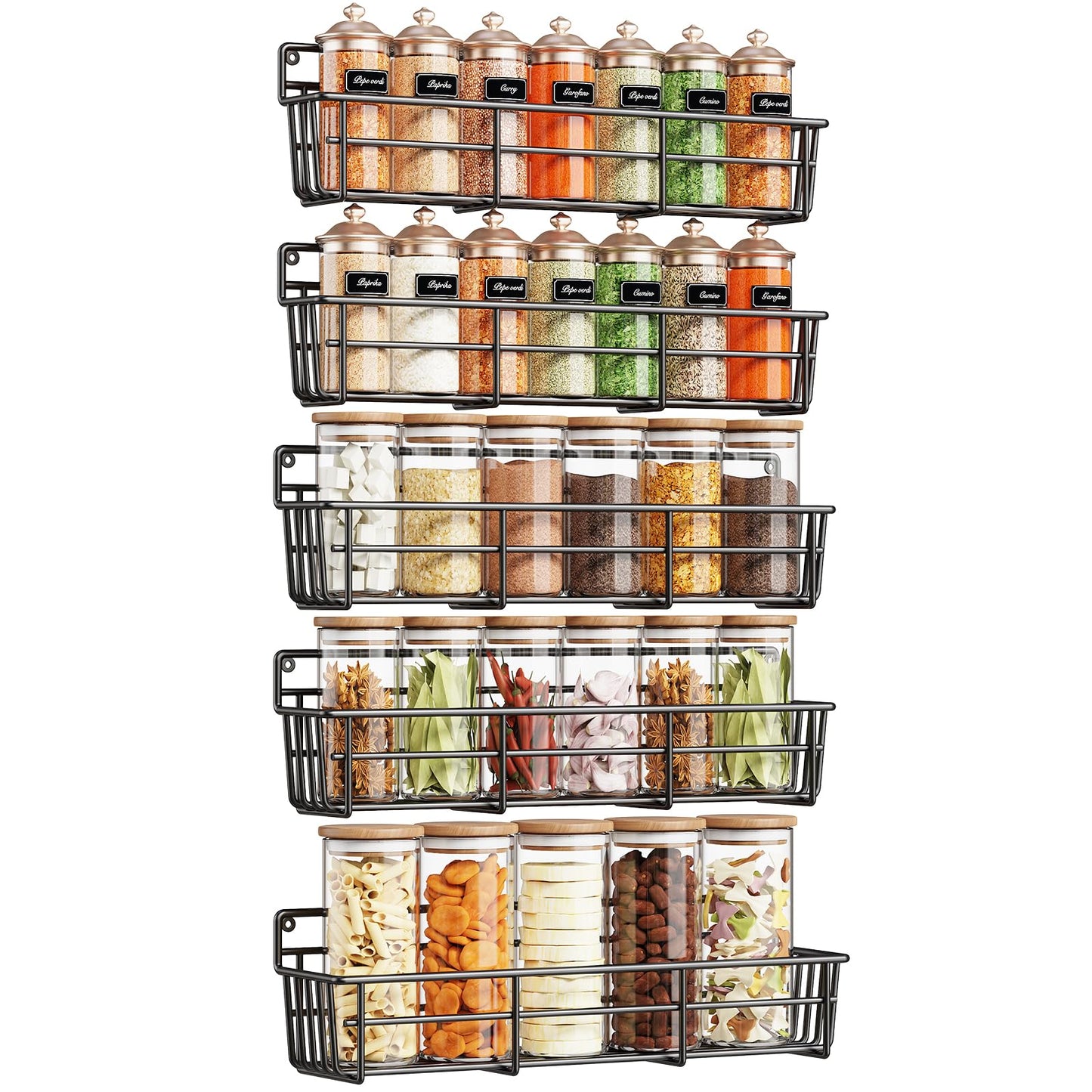 Mystozer 5 Pack Spice Rack Seasoning Organizer Wall Mount, Screw or Adhesive Hanging Shelf Basket Spice Organizer Shelf for Kitchen, Black
