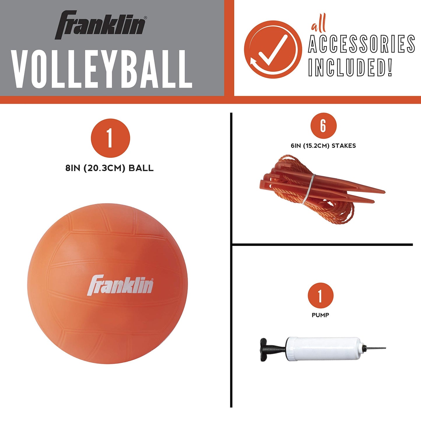 Franklin Sports Volleyball Set, Includes 1 Net with Stakes, ball and Pump with Needle, Starter ,Orange
