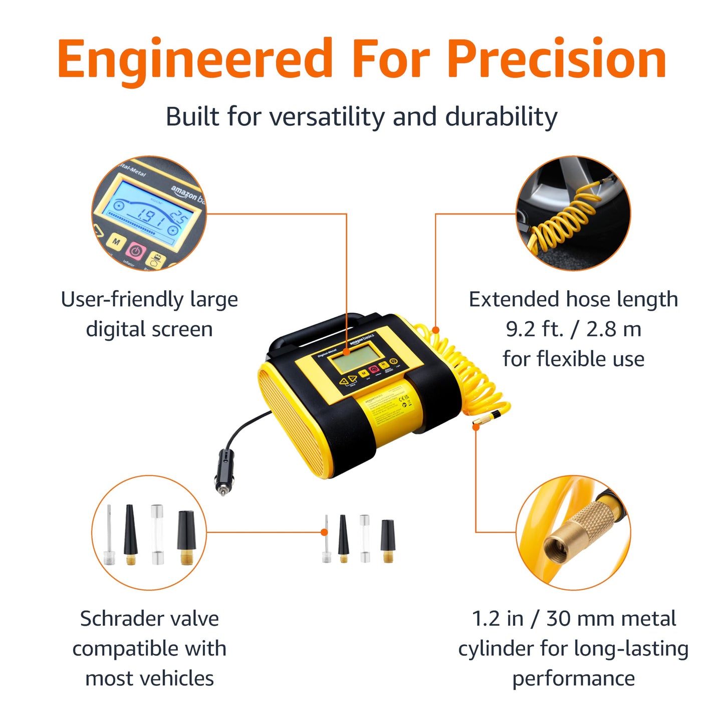 Amazon Basics Portable Car Tire Inflator with Digital Pressure Gauge, 150 PSI, 12V DC, Black