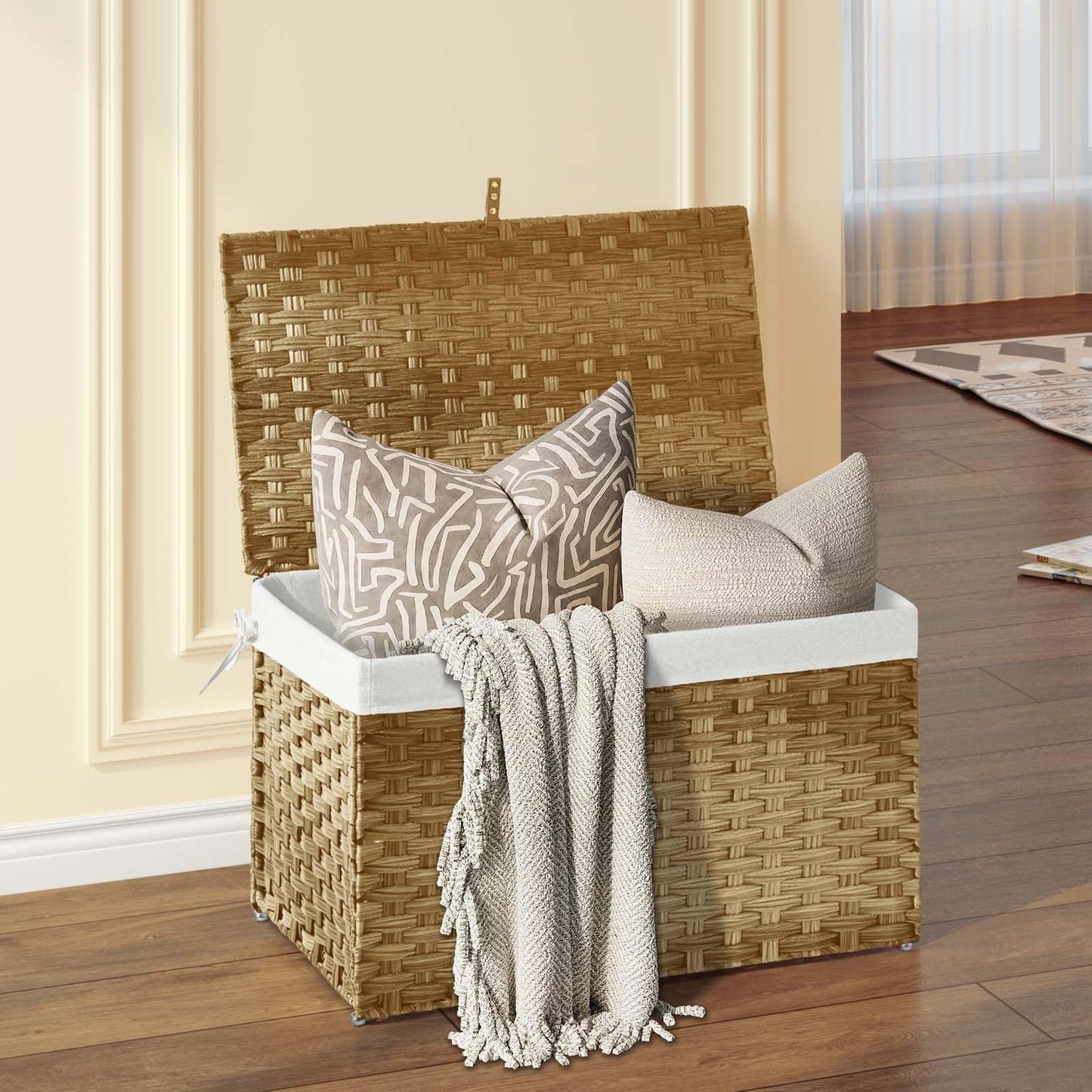 GREENSTELL Storage Basket with Lid, 27.7 Gallon(105L) Lagre Wicker Blanket Storage Basket with Handles, Foldable, 2 Removable Liner Bags, Metal Frame, for Bedroom, Laundry Room, Natural