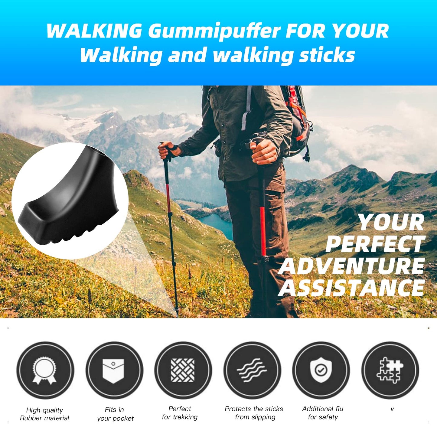 6 Pack Hiking Walking Sticks Rubber Tips, Replacement Tips Protectors for Trekking Poles, Fits Most Standard Hiking, Trekking, Walking Poles (Shoe Shape Tips)
