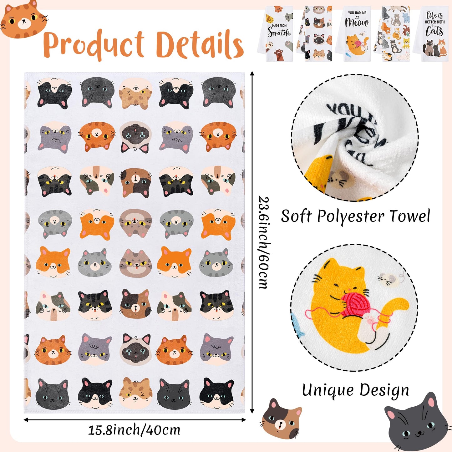 R HORSE 5Pcs Funny Kitchen Dish Towels, Cute Cat Dishcloths Gift, Absorbent Dish Tea Towels Reusable Bar Hand Dishcloths Decor for Bathroom Kitchen Home Supplies Gift for Mom Woman Cat Lovers