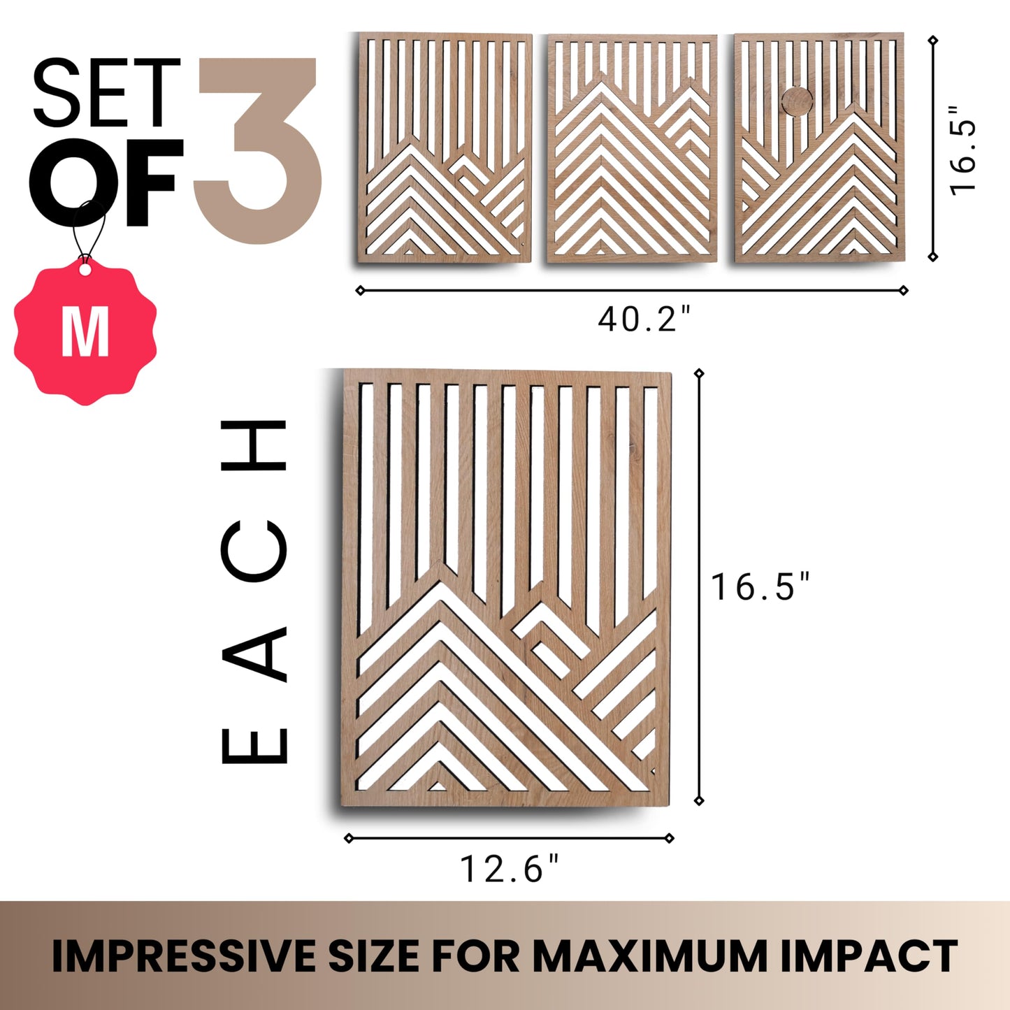 qmmp Modern Wooden Wall Sculptures - Set of 3 - MDF - Oak - Home Decor Accent - Large Wall Art for Living Room, Bedroom, Office - Easy Installation (Oak, Medium - Mountain and Sun, Unframed)