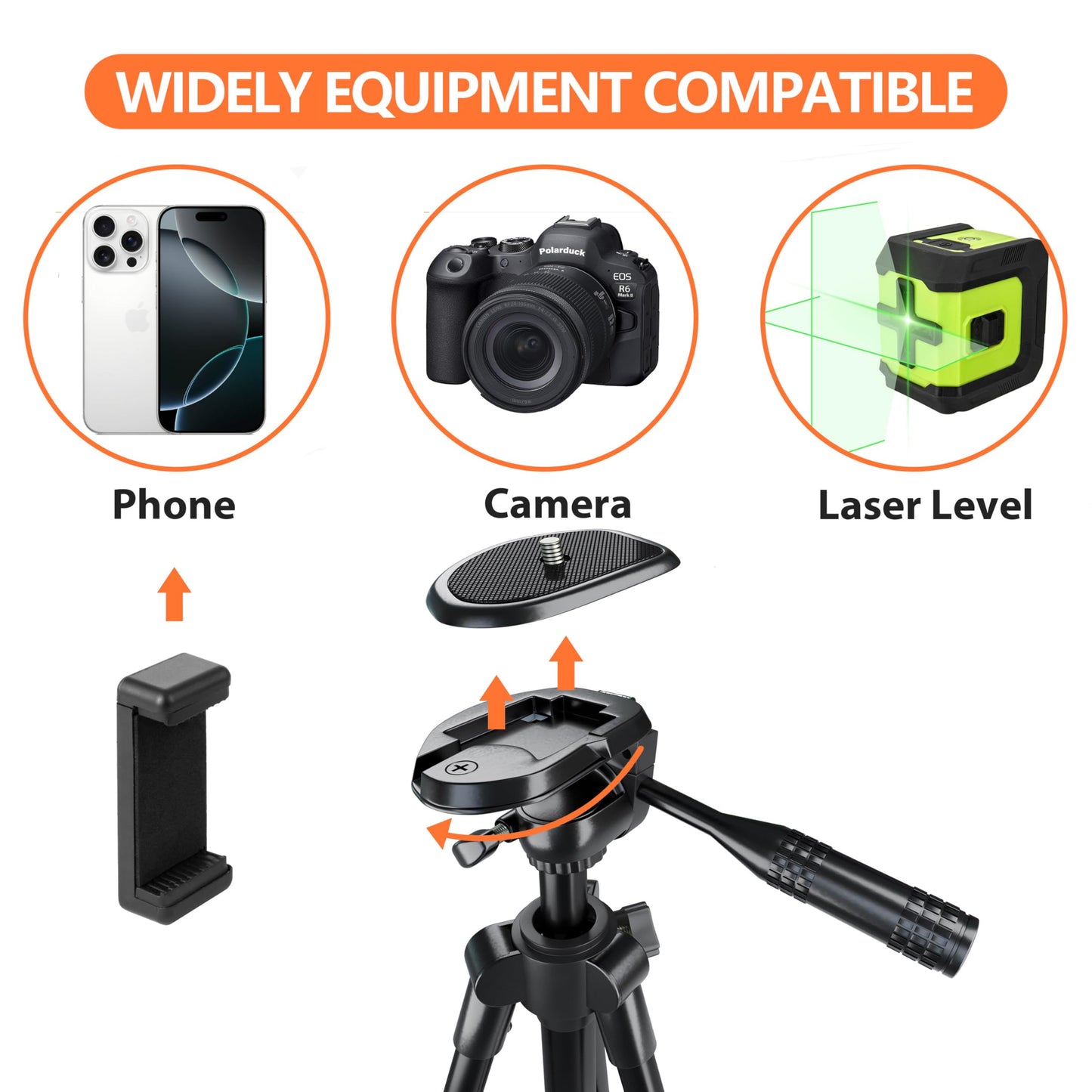 Laser Level Tripod Phone Stand: 51-Inch Aluminum Lightweight Tripod with 1/4" Screw Mount, Phone Holder and Bubble Level for iPhone and Line Lasers Measuring Tools, Carry Bag Included | Matte Black