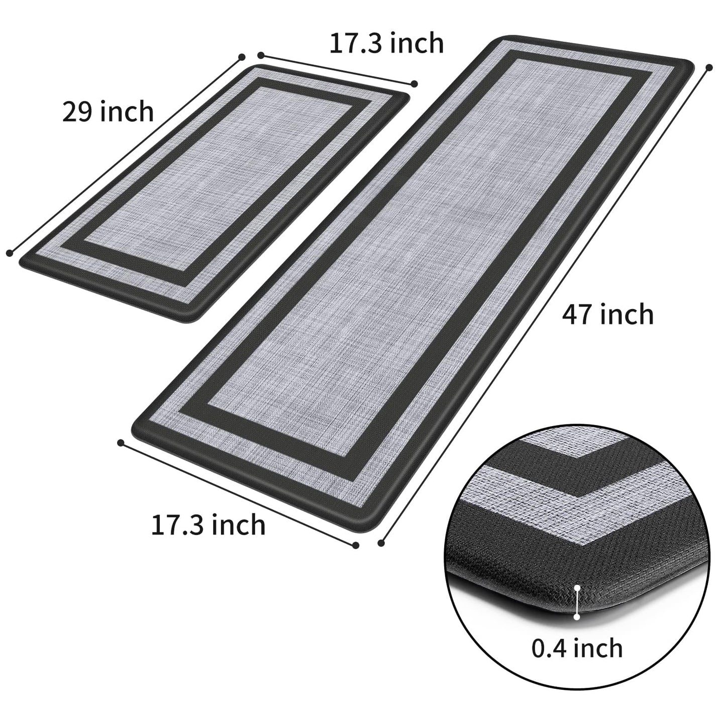Mattitude Kitchen Mats Set of 2,Cushioned Anti-Fatigue Non-Skid Rug Sets Ergonomic Comfort Standing Mat for Kitchen, Floor, Office, Sink, Laundry, Black and Gray