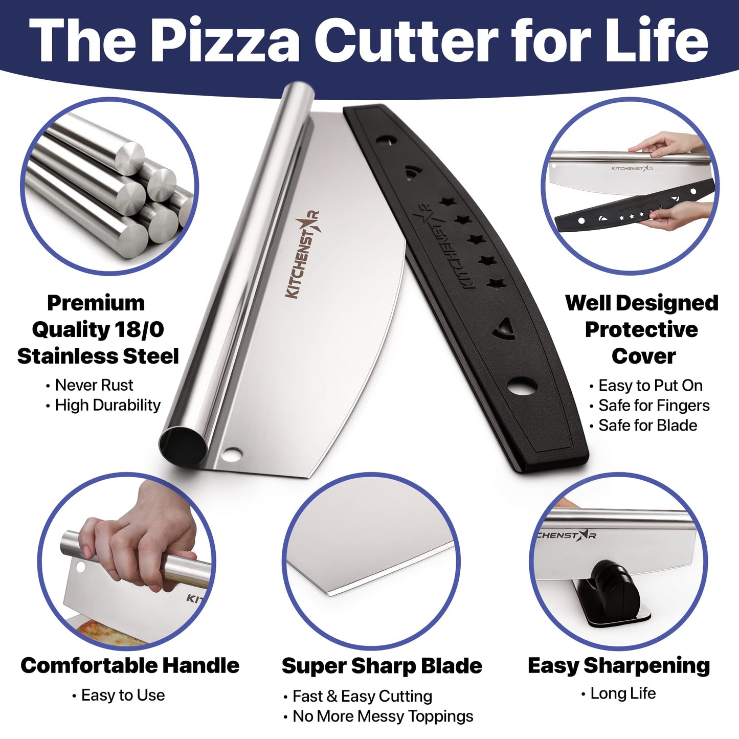 KitchenStar 16-Inch Pizza Cutter Rocker Blade - Sharp Stainless Steel Slicer Knife, Protective Cover, Dishwasher Safe, Large - Professional Pizza Oven Accessories