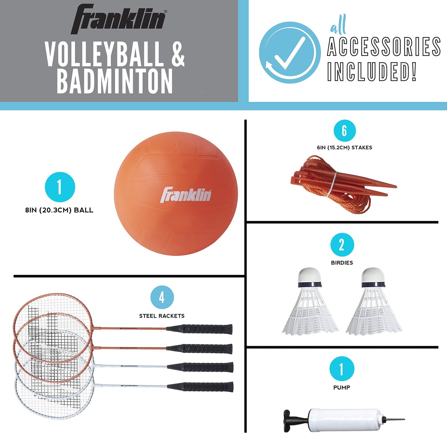 Franklin Sports Volleyball & Badminton Combo Set - Portable Backyard Net Set - Ball, Rackets & Birdie Included - Starter