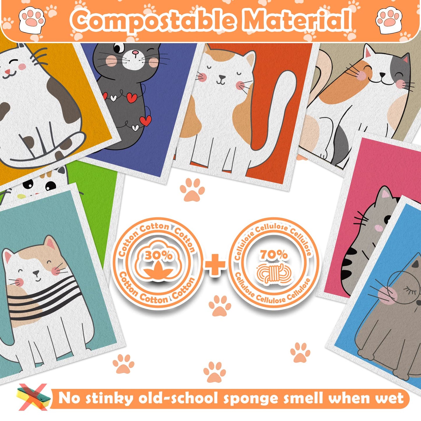 Lucomb Swedish Dish Cloths for Kitchen, 8 Pack Reusable Cleaning Cloth Absorbent Kitchen Towels No Odor Fast Drying for Home Wipes Dish Washing (Cute Cat)