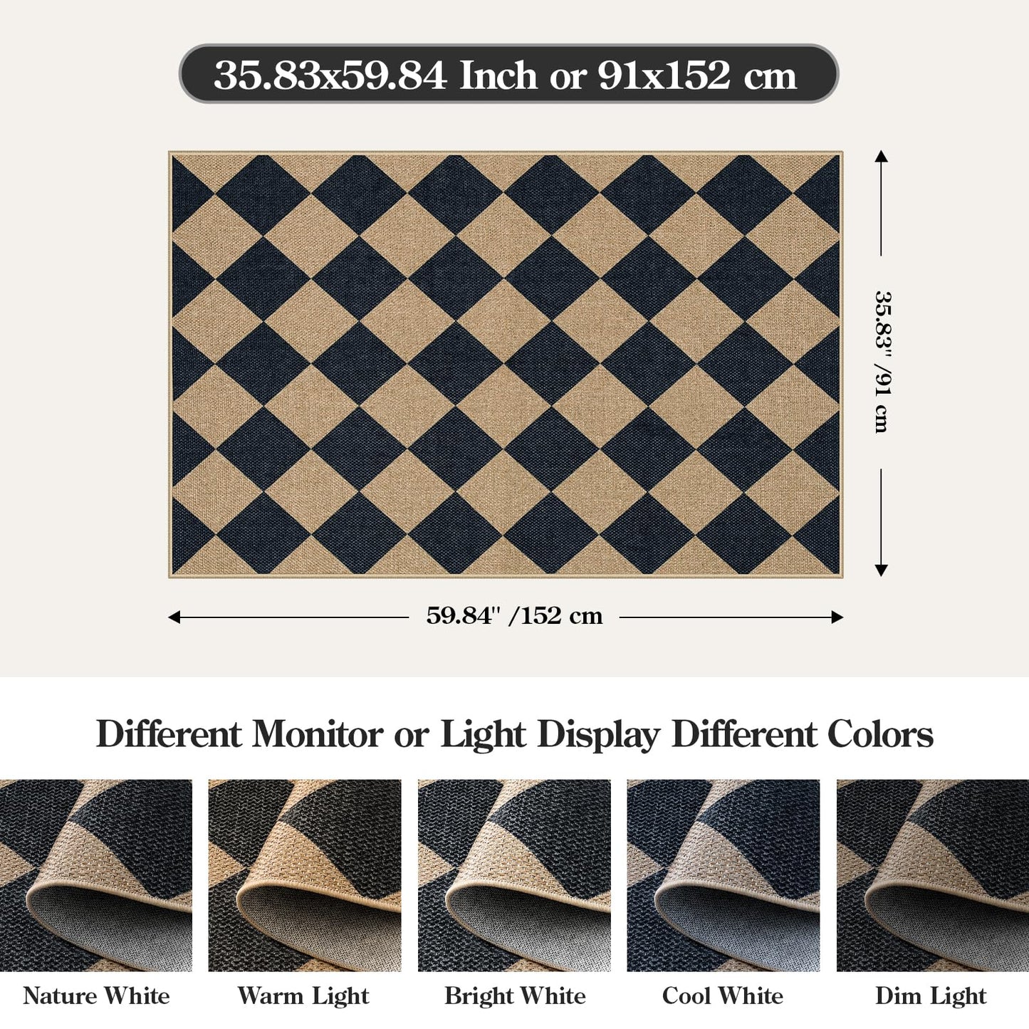 Lahome Checkered Easy Jute 3x5 Outdoor Patio Rug, Washable Rugs for Entryway Diamond Indoor Outdoor Living Room Carpet, Farmhouse Neutral Non Slip Black Door Carpet for Backyard Bedroom