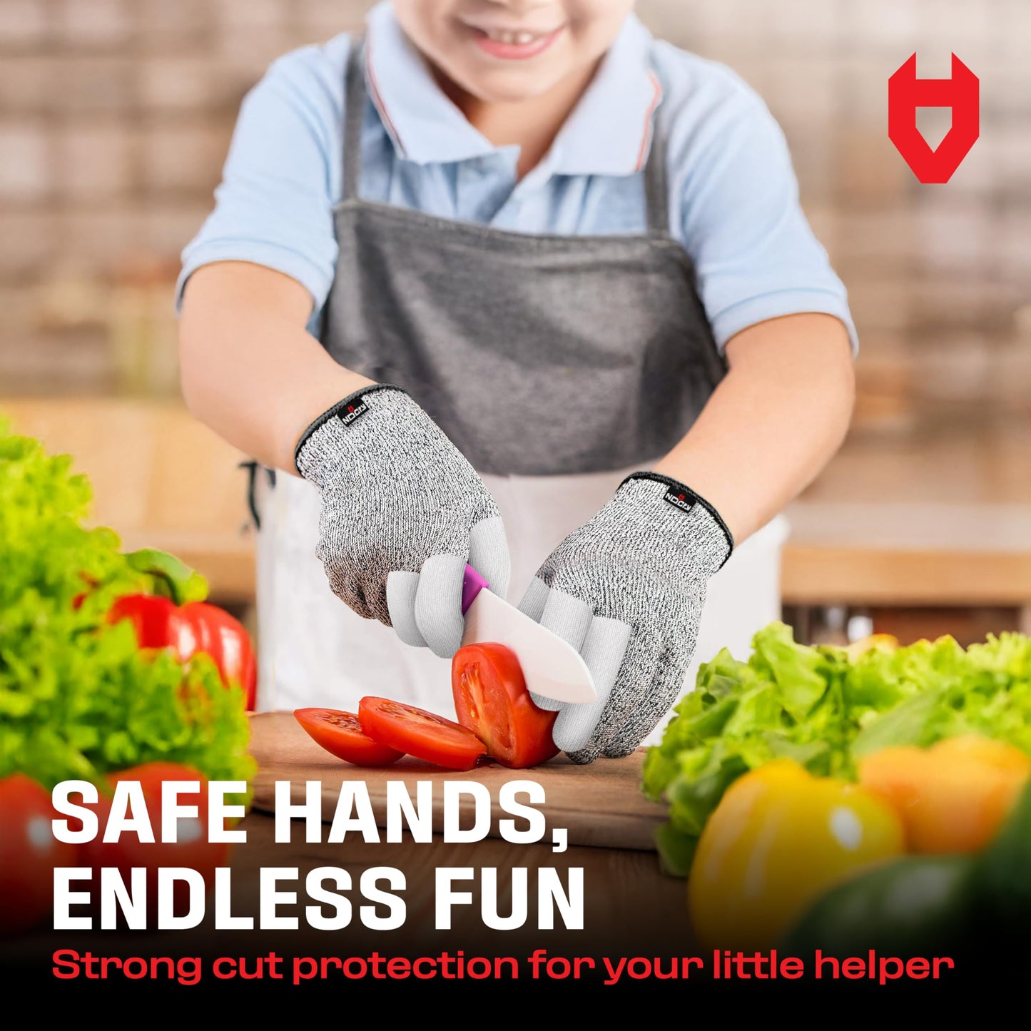 NoCry Kids Cut Resistant Gloves with 3 Reinforced Fingers - 100% Food Grade Kids Cooking Gloves with Level 5 Protection - Lightweight, Ambidextrous and Machine Washable Knife Gloves