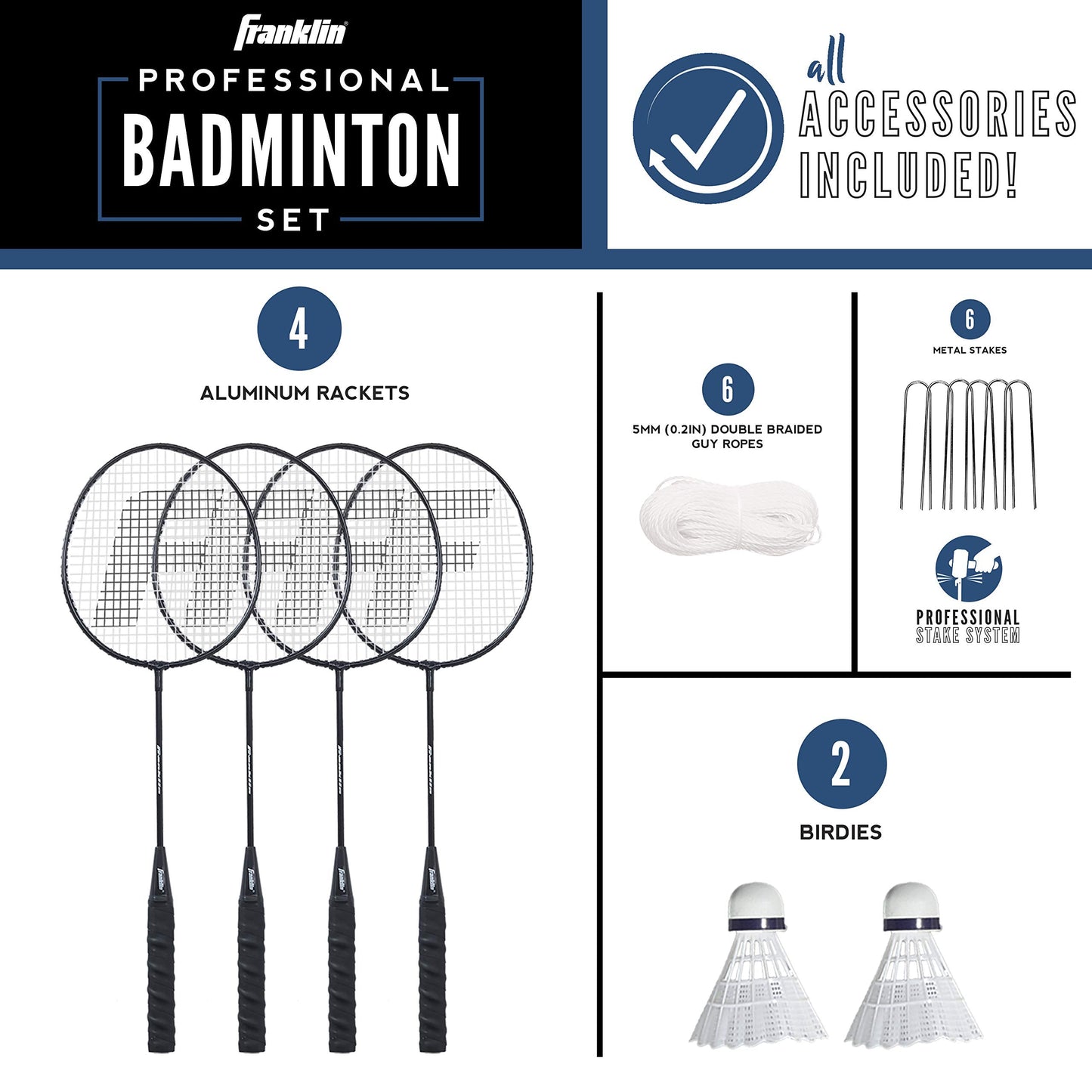 Franklin Sports Badminton Net Set - 4 Aluminum Rackets, 2 Birdies, Adjustable Net and Stakes - Backyard or Beach Badminton Set - Easy Setup - Professional