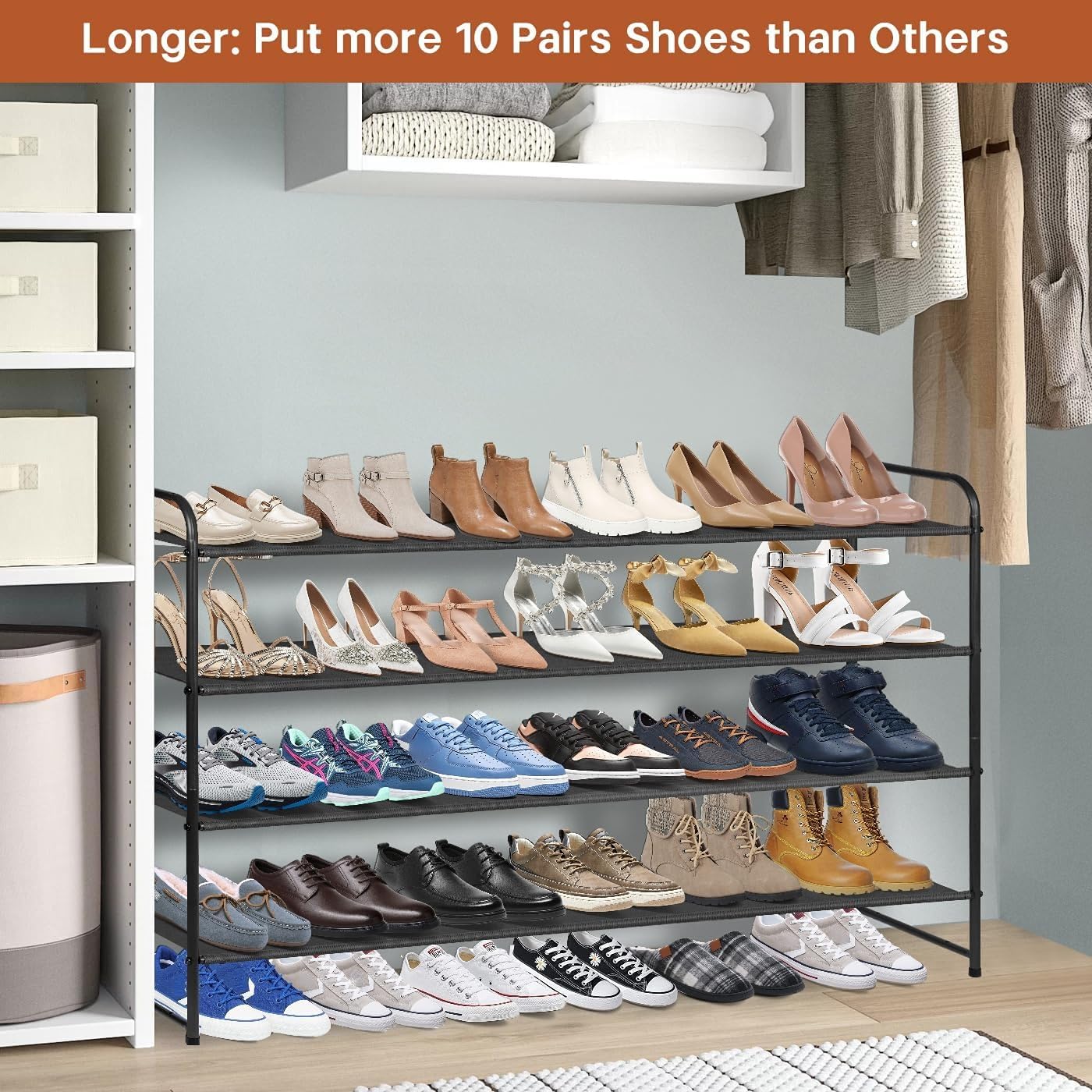 KIMBORA 4 Tier Long Shoe Rack for Closet Floor, Wide Shoe Shelf Storage Organizer 30-Pairs Stackable Sneaker Organizer for Closet, Bedroom (Black)