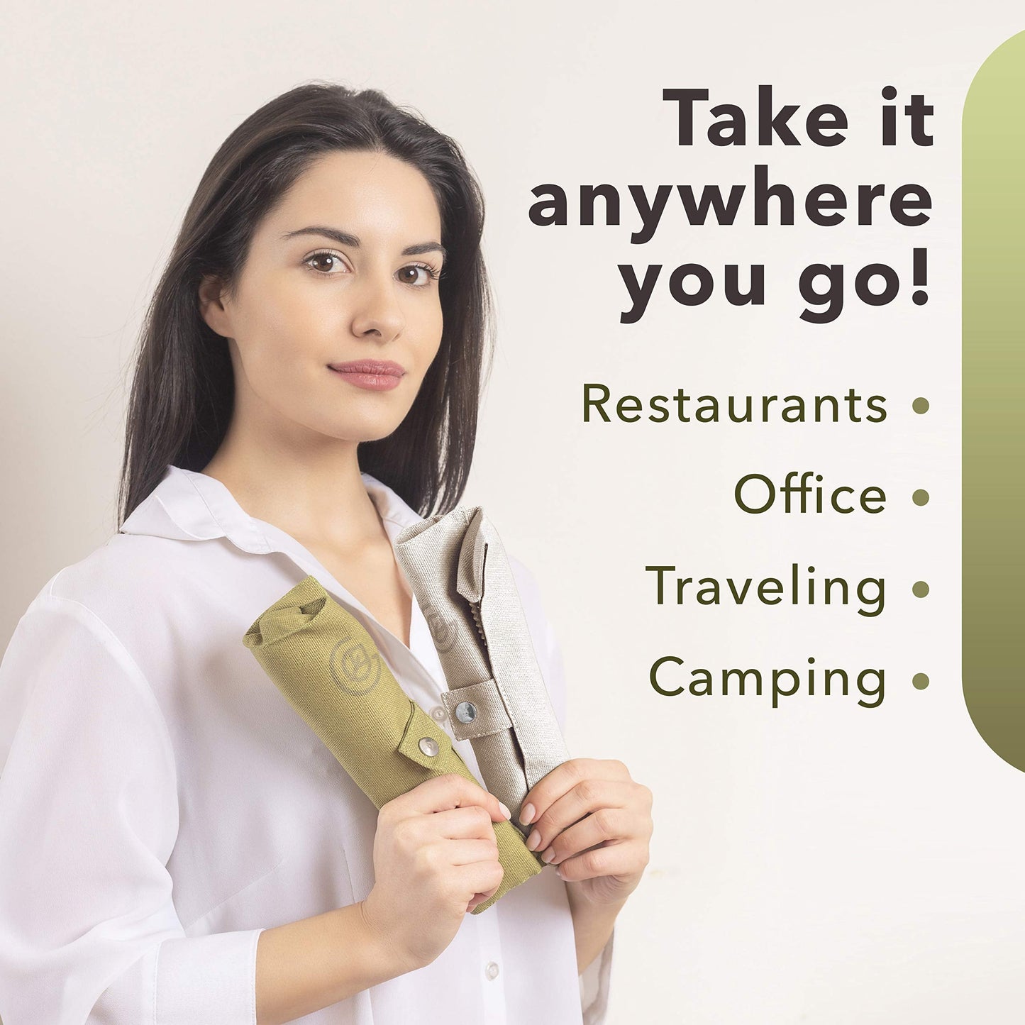 GREENZLA 2-Pack Bamboo Utensils Set - Bonus Pair of Bamboo Toothbrushes - Straw, Spoon, Fork, Knife, Teaspoon, Chopsticks, Brush & 2 Storage Bags - Reusable Cutlery Set