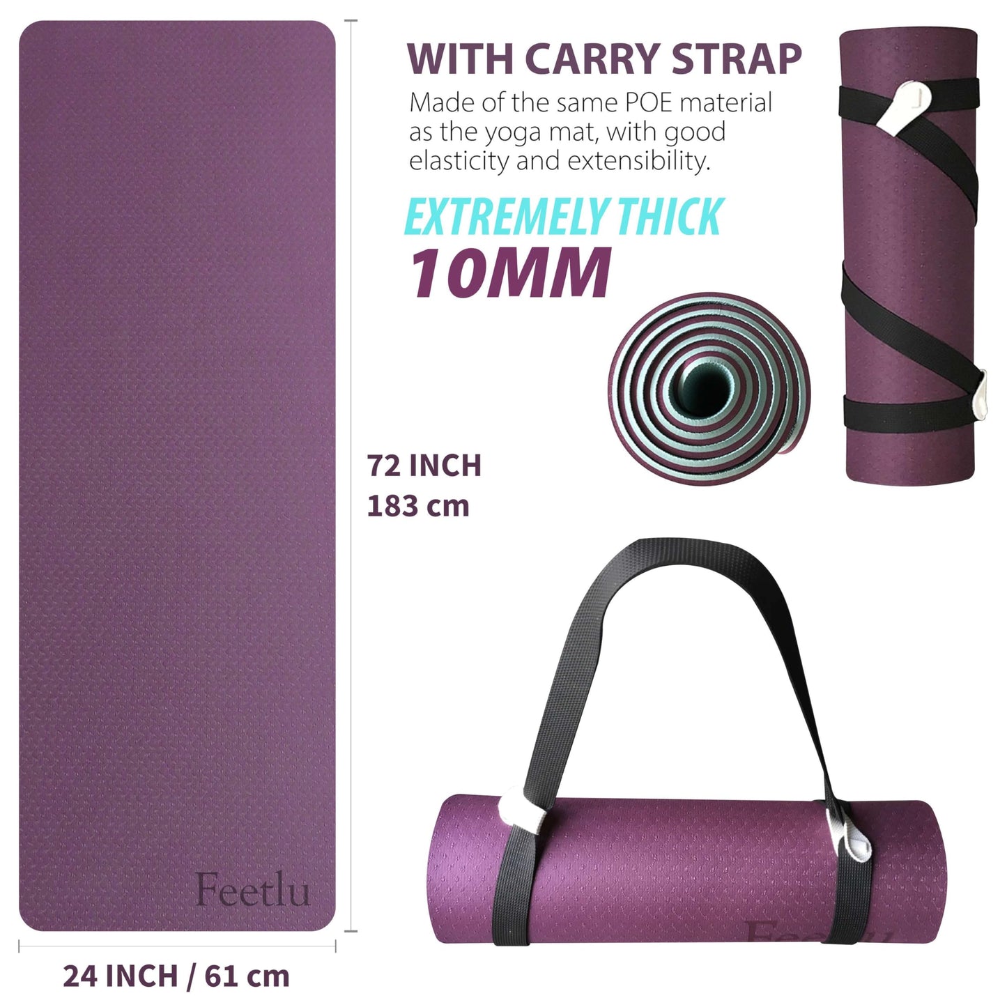 Feetlu Extra Thick Exercise Yoga Mat with Strap - 2/5 Inch (10MM), Non-Slip Workout Mat for Yoga, Pilates, and Floor Exercises(DK. PL/BGY)