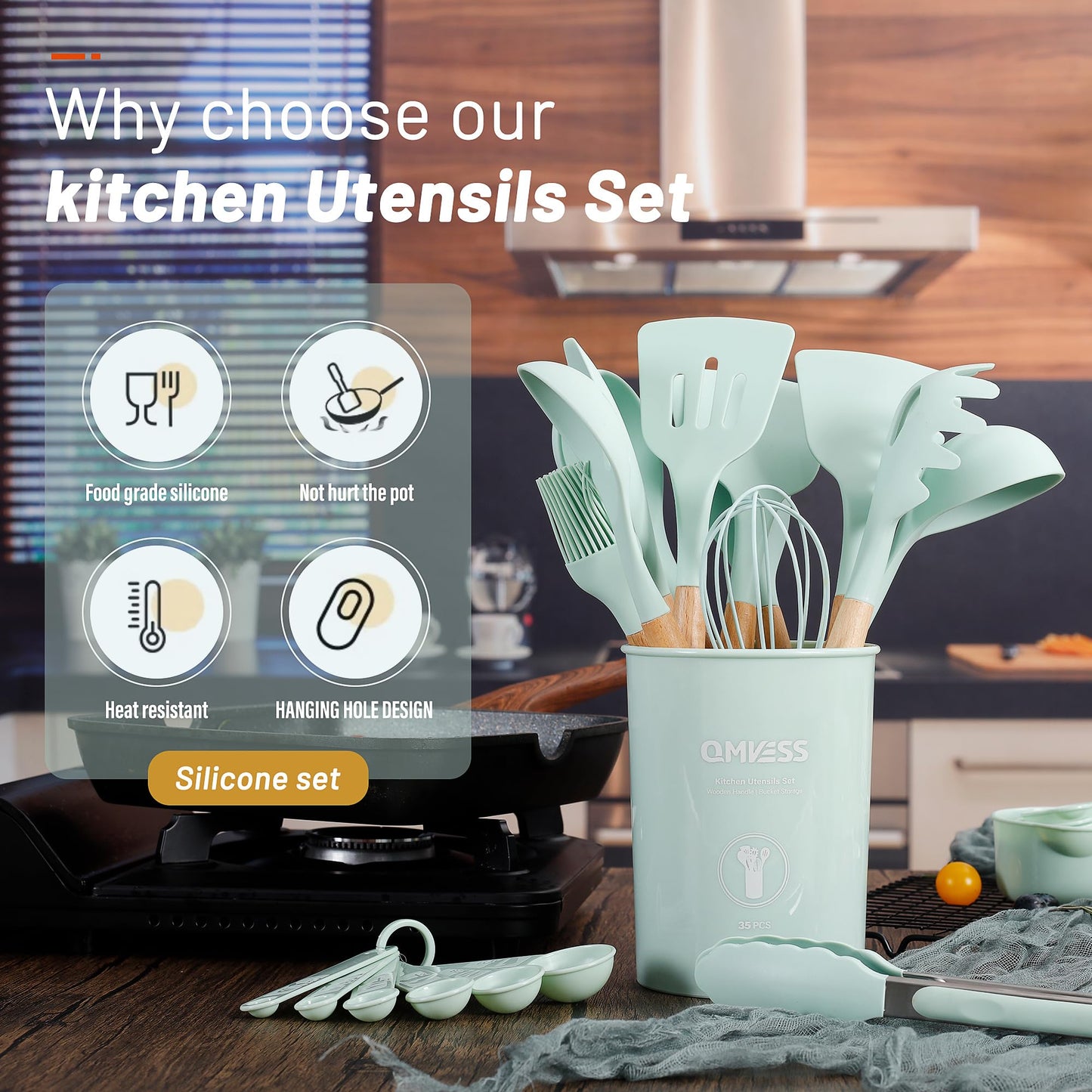 QMVESS Silicone Kitchen Utensils Set, 35 Pcs Non-Stick Cooking Utensils Set, Sturdy Insulation Wooden Handle Kitchen Accessories for Cooking with Spatula Set and Spoons Set Gadgets (Light Green)